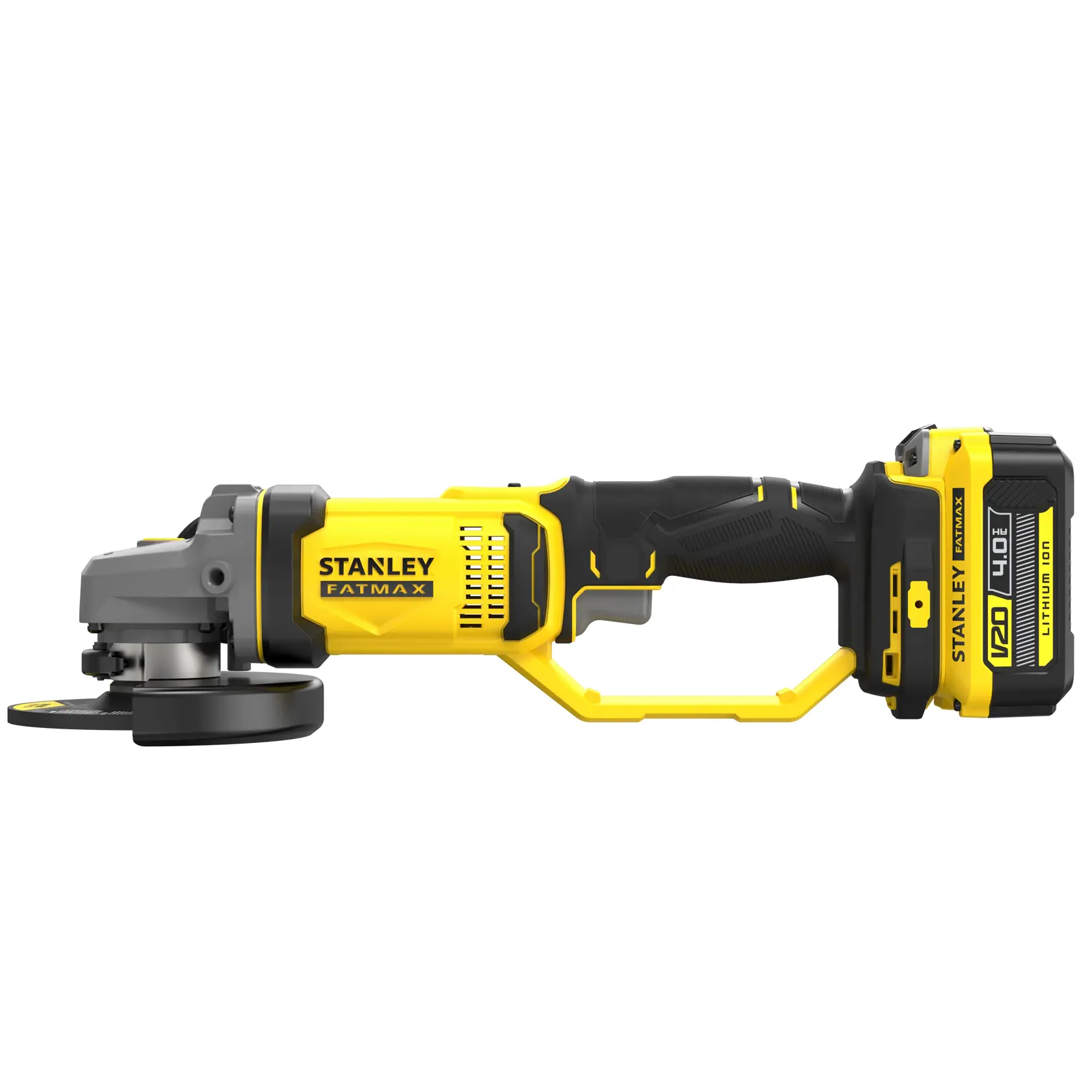 Smerigliatrice angolare a batteria STANLEY SFMCG400M2K vista laterale, gialla e nera con batteria Li-Ion 18V 4.0Ah.