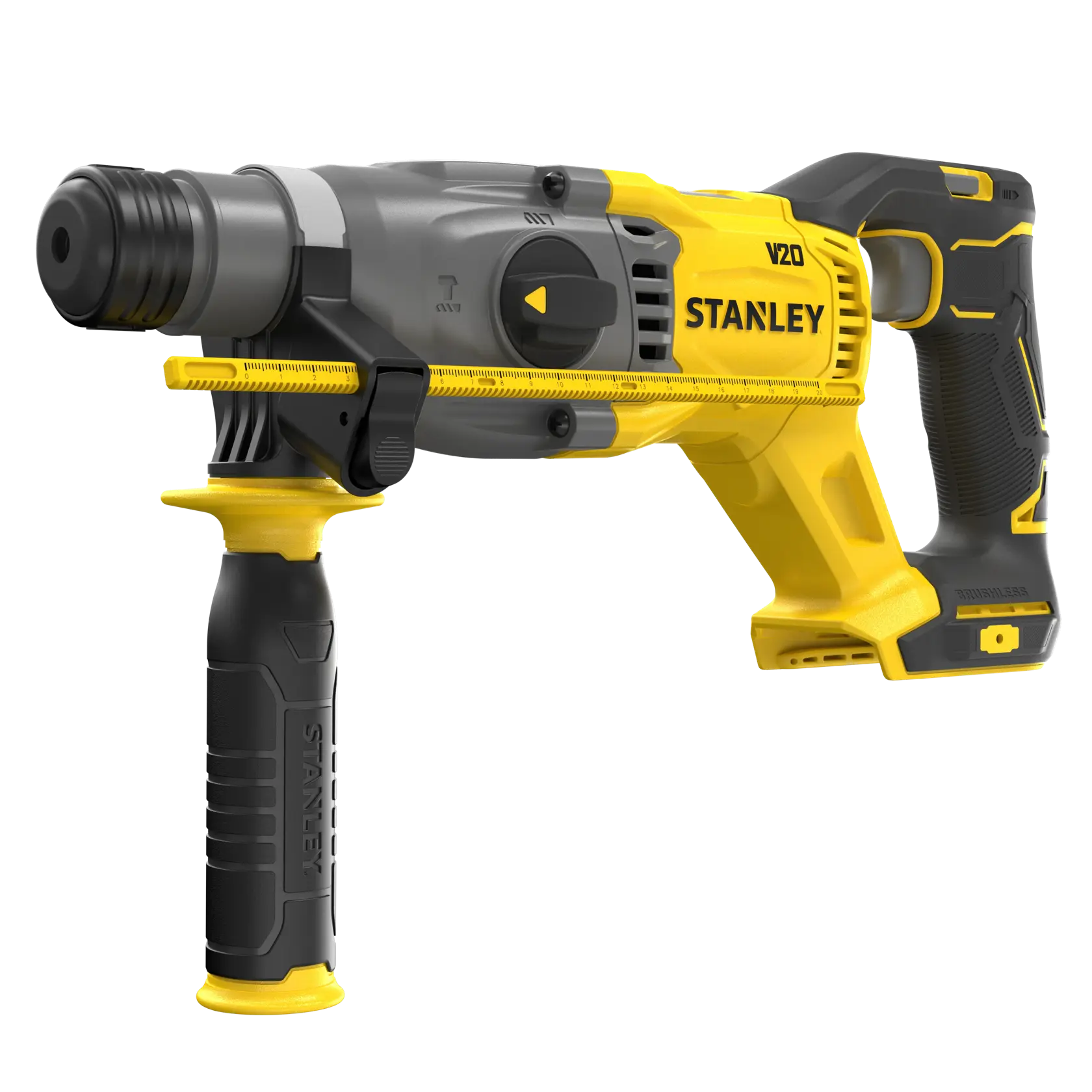 Martello rotativo STANLEY SFMCH900B, giallo e nero, vista laterale, brushless, maniglia ausiliaria.