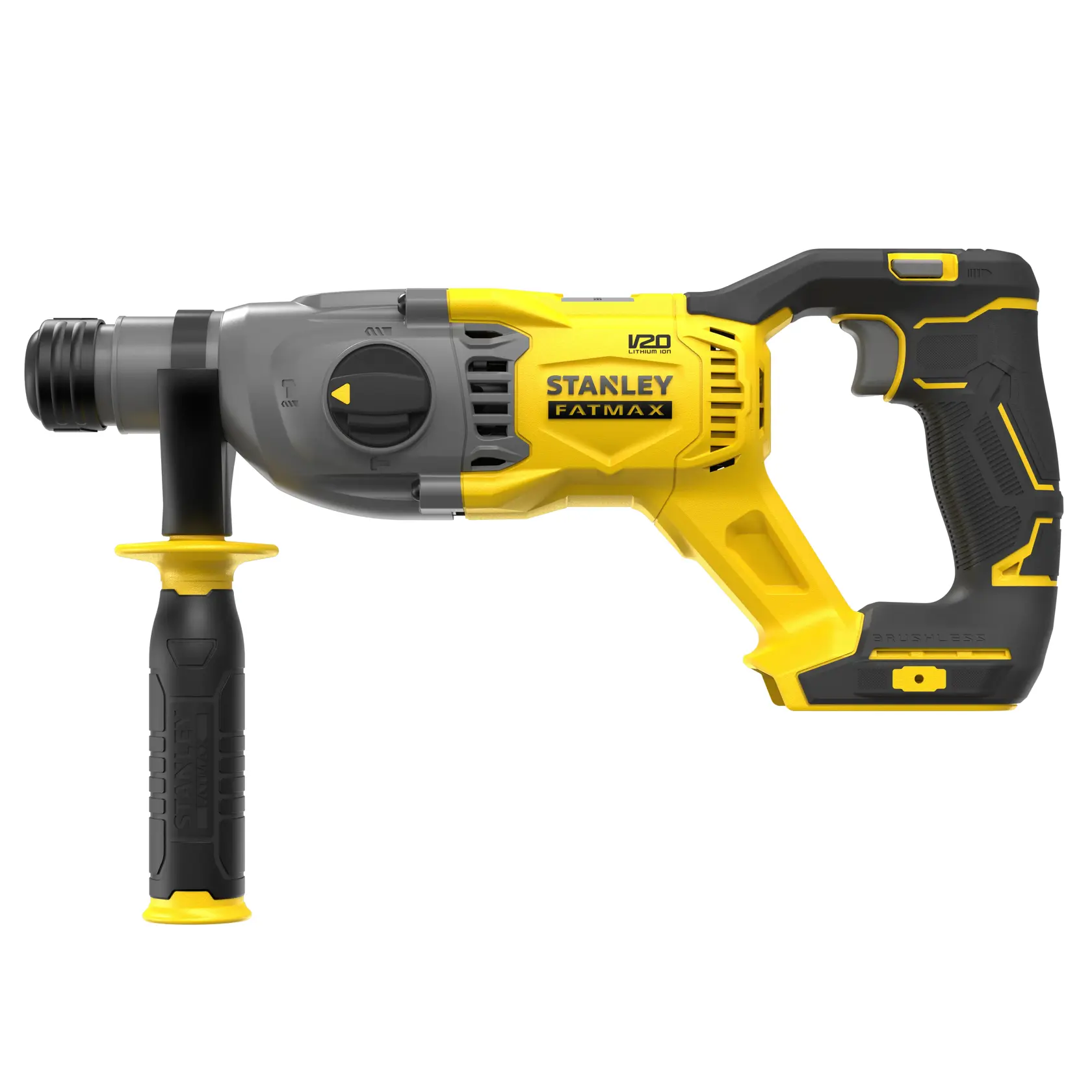 STANLEY SFMCH900B martello rotativo, giallo e nero, vista laterale sinistra, con impugnatura ausiliaria.