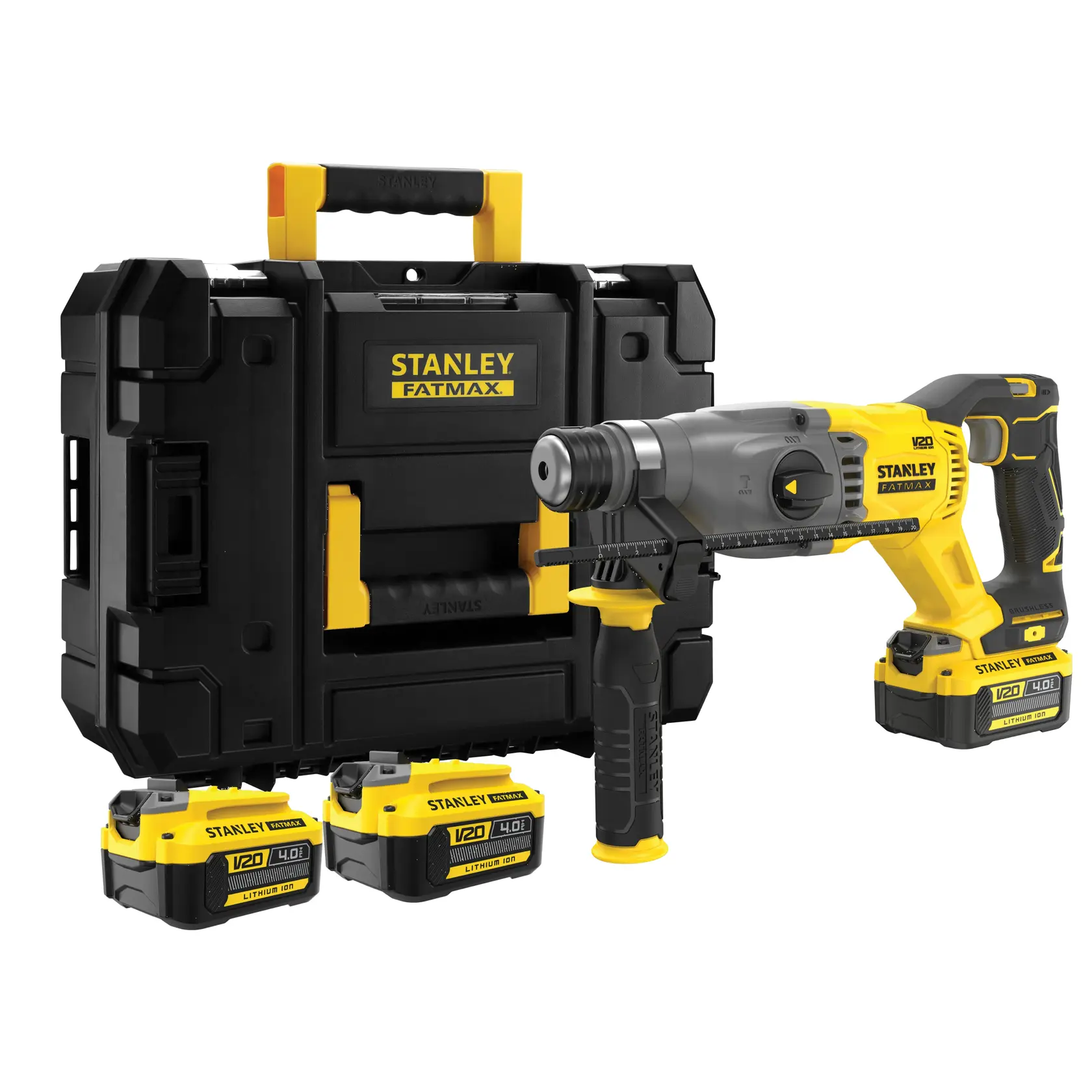 Set martello rotativo cordless Stanley SFMCH900M22 con valigetta e tre batterie V20 gialle, vista frontale.