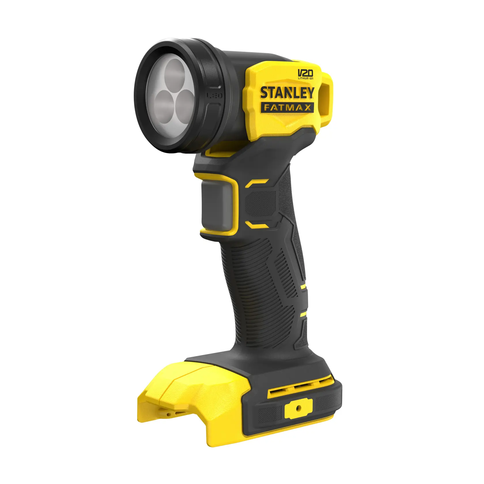 STANLEY SFMCL020B lampada da lavoro LED cordless, nera e gialla, vista frontale angolata su sfondo bianco.