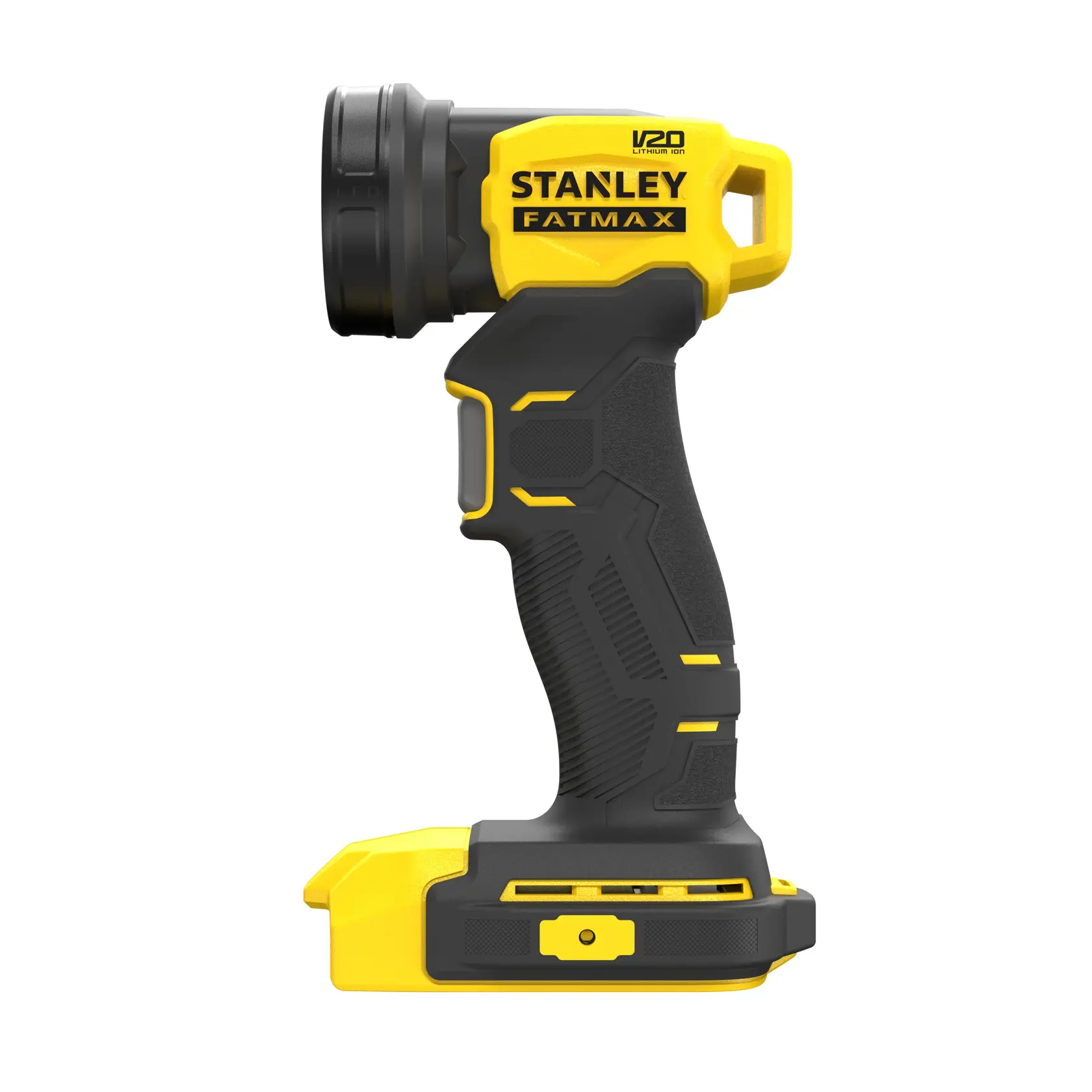 Foto della luce da lavoro LED cordless STANLEY SFMCL020B, gialla e nera, vista laterale, prodotto su sfondo bianco.