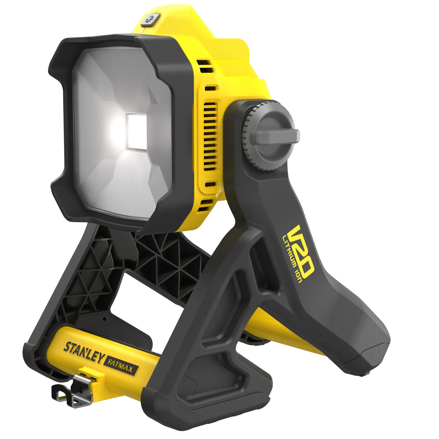 Lampada da lavoro LED STANLEY SFMCL030B, nera e gialla, vista frontale angolata su sfondo bianco.