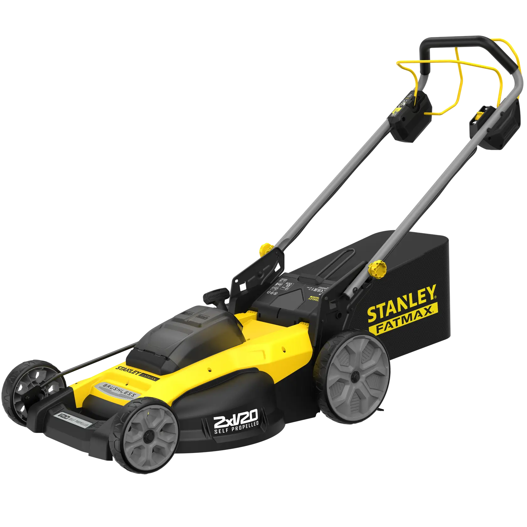 Foto del tosaerba a batteria autospinto STANLEY SFMCMWS251B giallo e nero, vista laterale, con sacco raccoglierba.