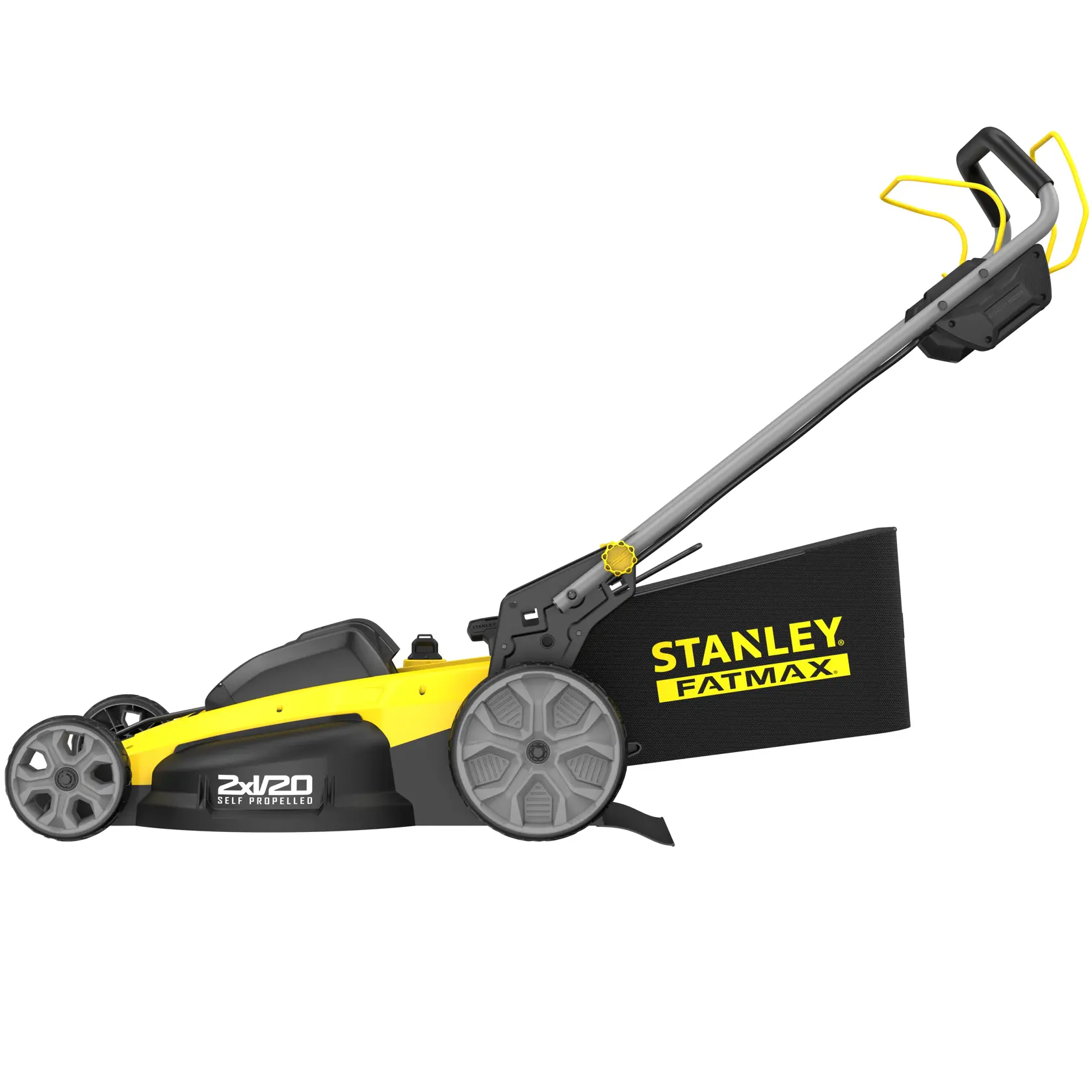 Tosaerba semovente STANLEY SFMCMWS251B giallo e nero, vista laterale su sfondo bianco.