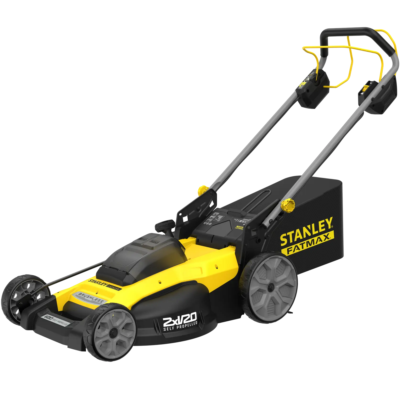Rasaerba senza fili STANLEY SFMCMWS251M nero e giallo, vista laterale, con sacco raccoglierba.