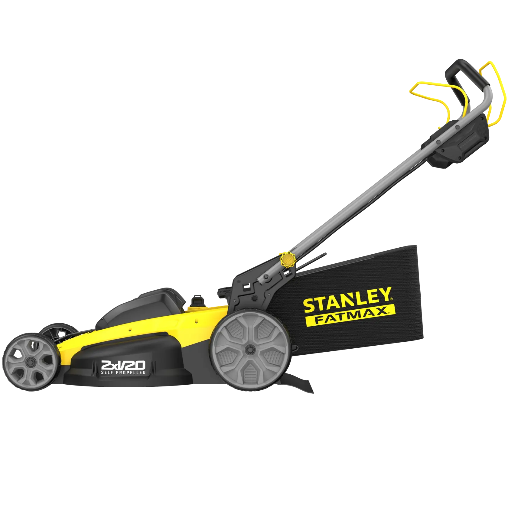 Foto del tagliaerba STANLEY SFMCMWS251M, giallo e nero, vista laterale su sfondo bianco.
