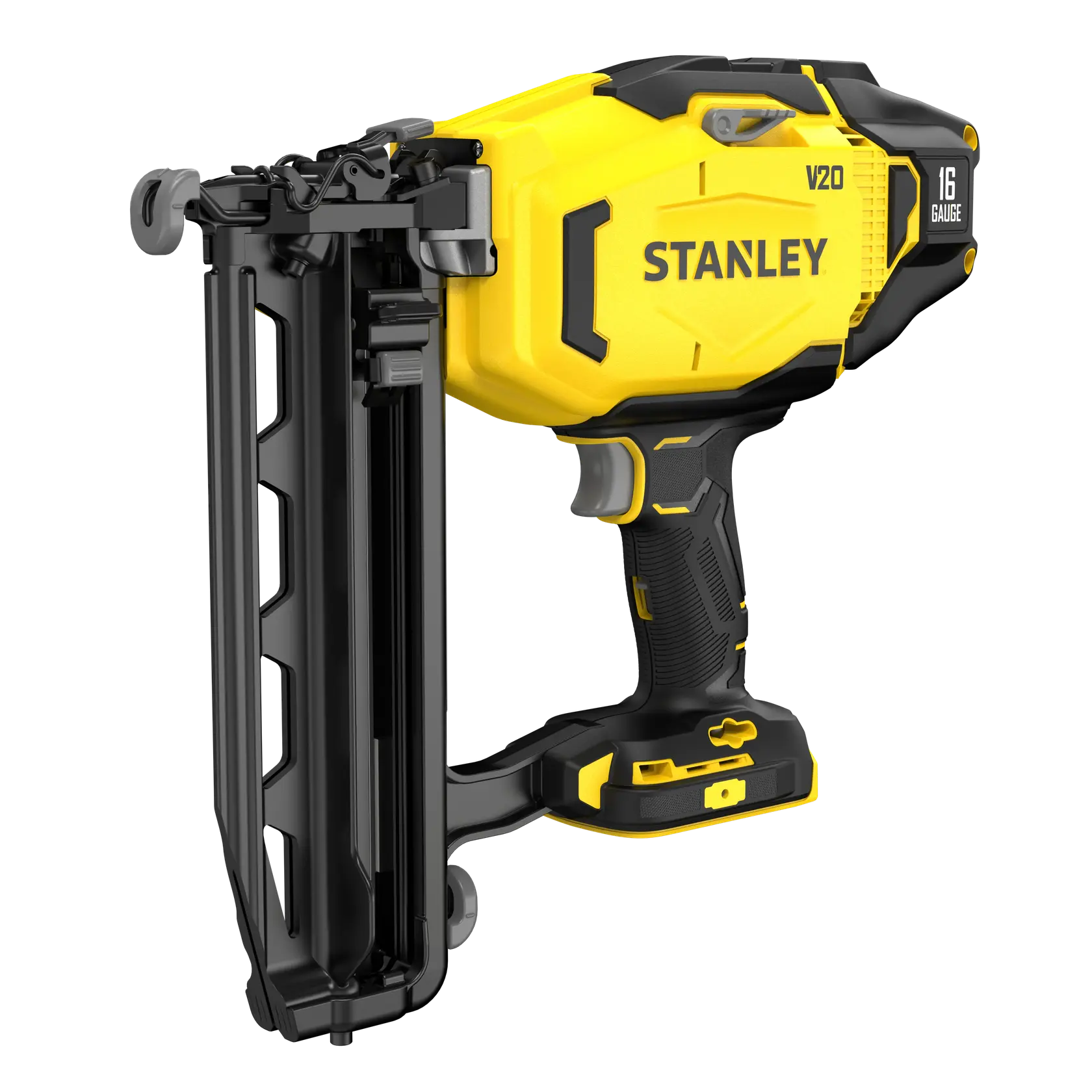STANLEY SFMCN616B chiodatrice a batteria 16 g, gialla e nera, foto laterale su sfondo bianco.