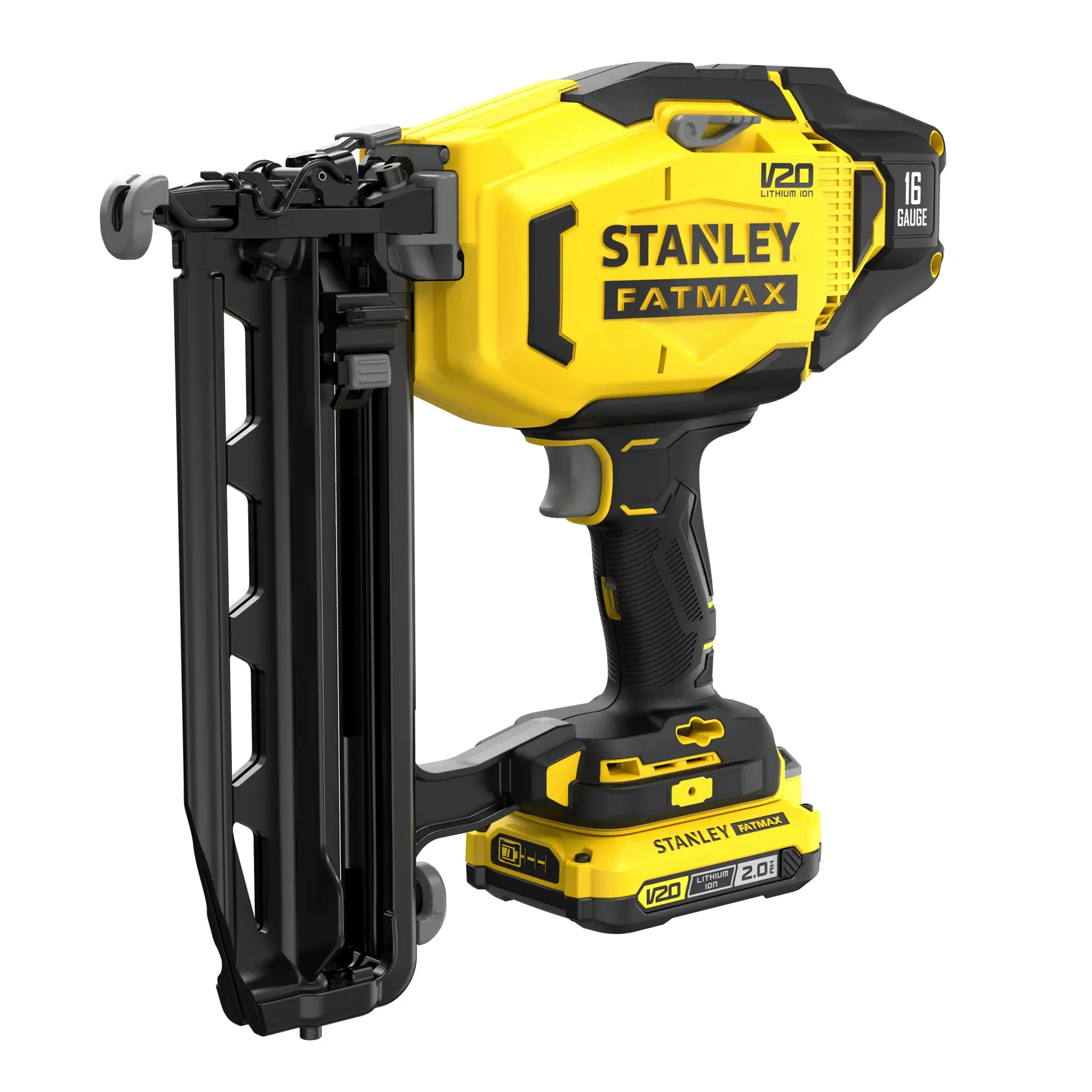 STANLEY SFMCN616D2K chiodatrice senza fili, gialla e nera, angolo frontale sinistro su sfondo bianco.