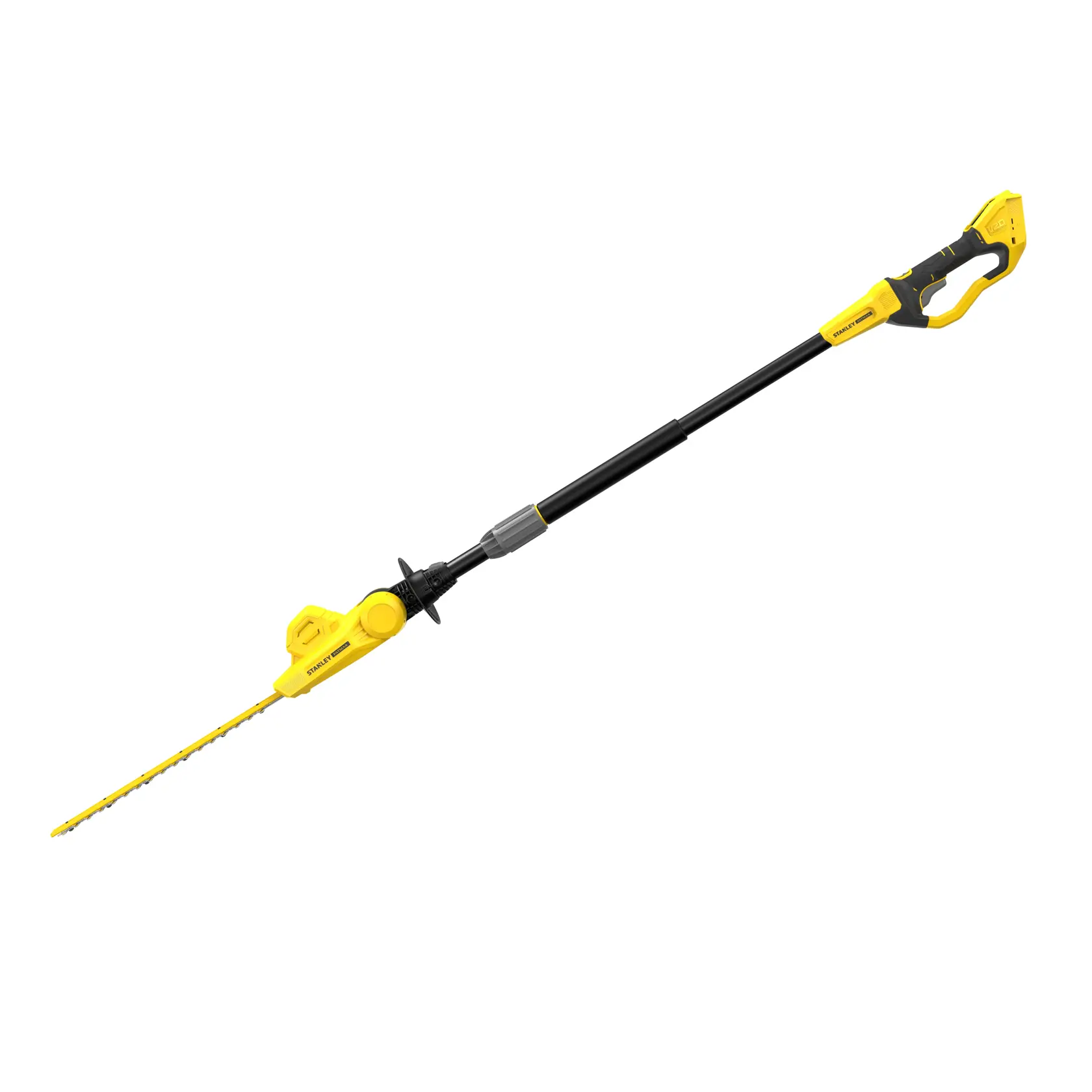 Tagliasiepi telescopico STANLEY SFMCPH845B, giallo e nero, vista laterale su sfondo bianco.