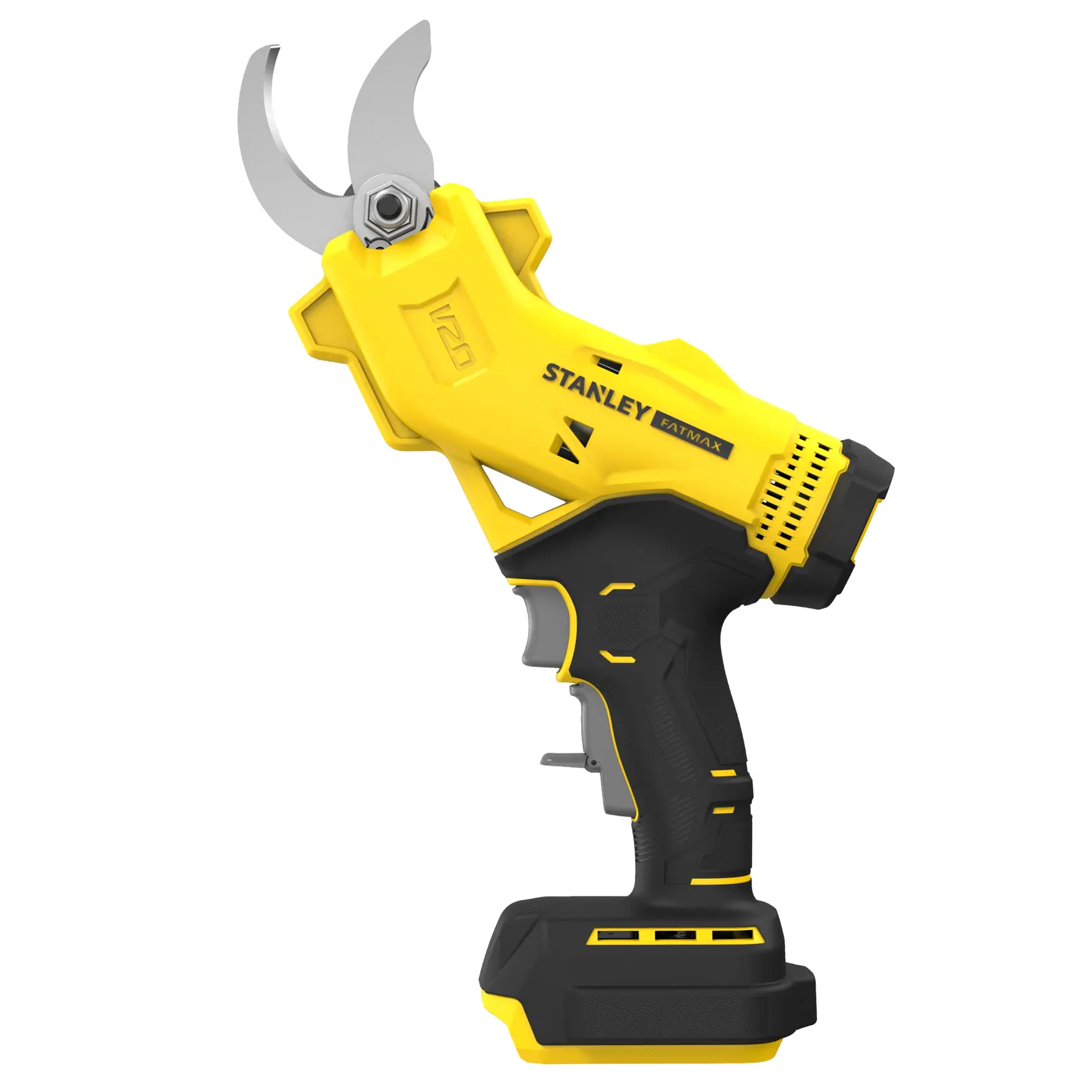 Foto del potatore da giardino senza fili STANLEY SFMCPP32B, corpo giallo e nero, vista laterale su sfondo bianco.