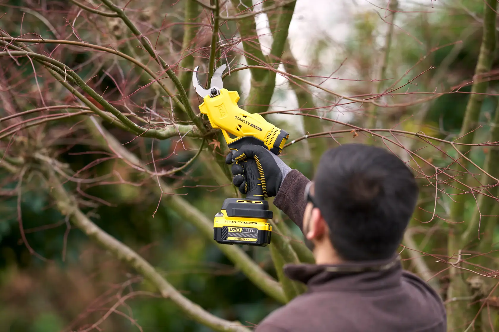 Cesoie cordless STANLEY SFMCPP32M1 in uso per tagliare rami all’aperto.