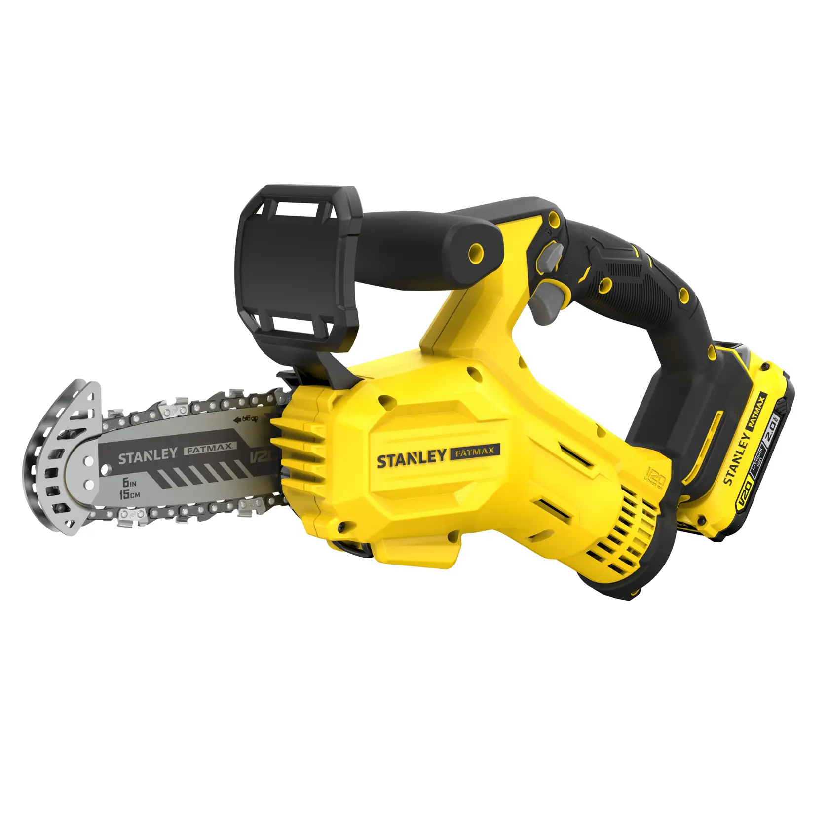 STANLEY SFMCPS415D1 motosega cordless, gialla e nera, vista laterale del prodotto su sfondo bianco.