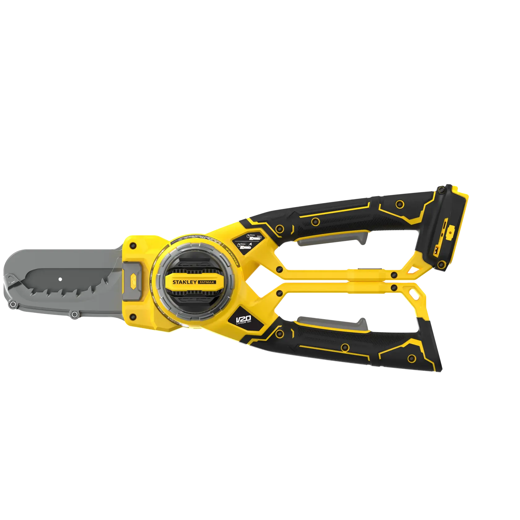 STANLEY SFMCPS515B motosega compatta senza filo gialla e nera, vista laterale su sfondo bianco.