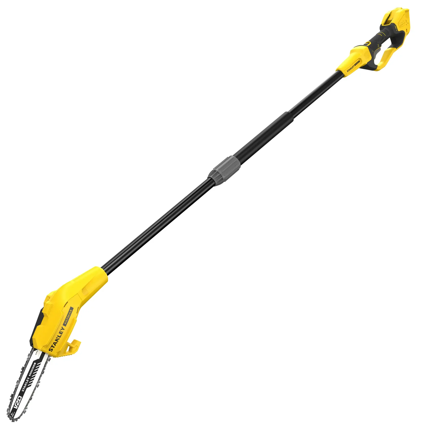 STANLEY SFMCPS620B potatore su asta con corpo giallo e nero su sfondo bianco, vista laterale.