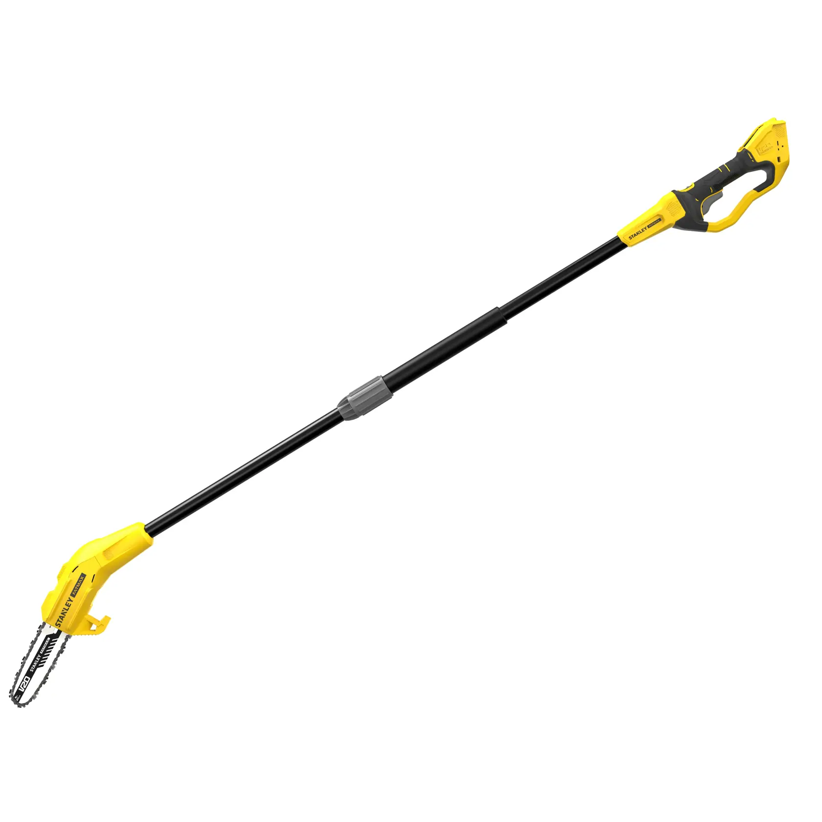 STANLEY SFMCPS620B potatore su asta a batteria con impugnatura gialla e nera, vista laterale, su sfondo bianco.