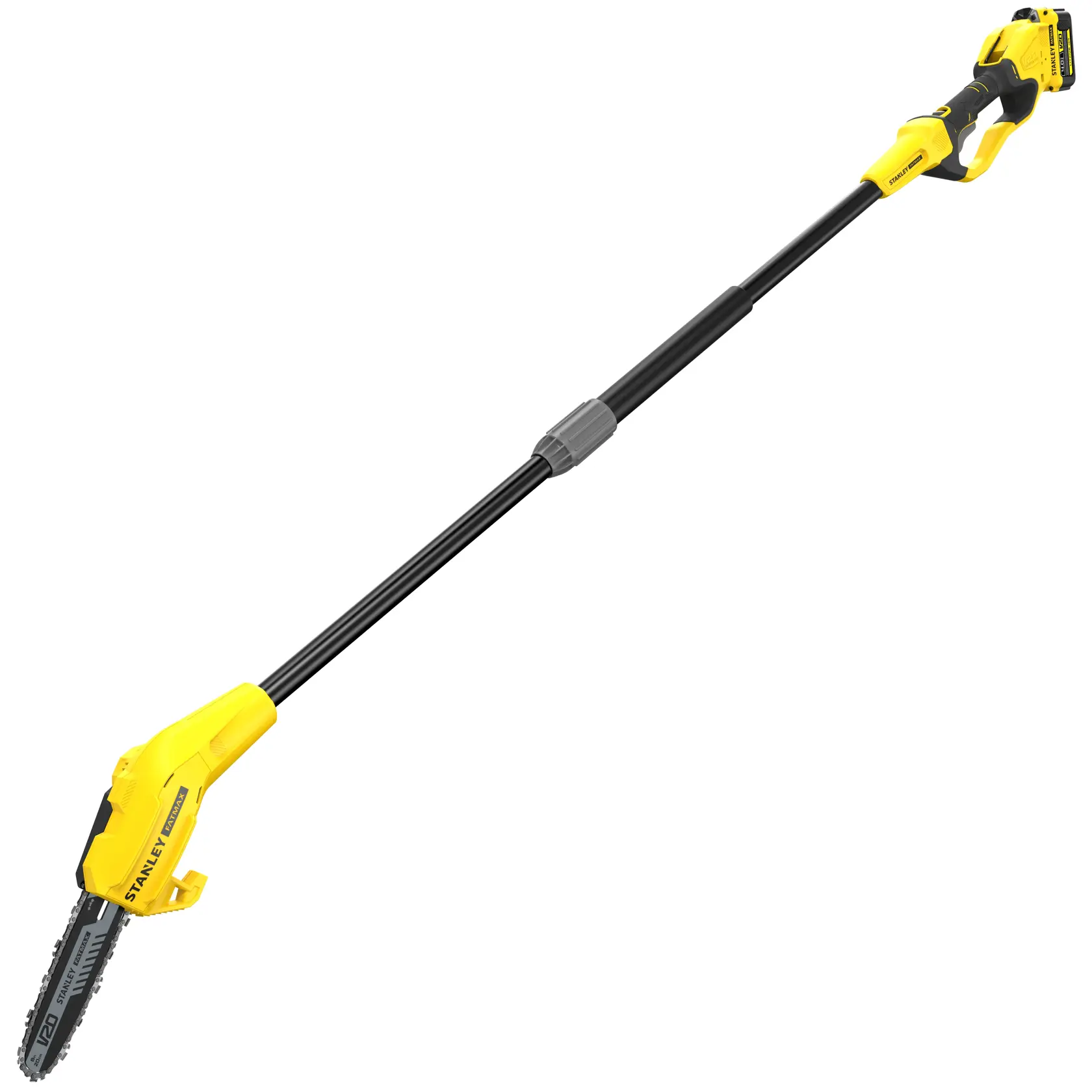Fotografia del potatore telescopico a batteria STANLEY SFMCPS620M1 con design giallo e nero, vista laterale su sfondo bianco.