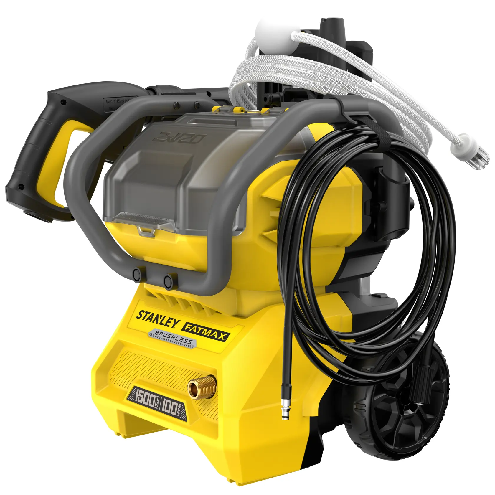 STANLEY SFMCPW1500B idropulitrice portatile gialla brushless, vista frontale con tubo avvolto e manico.