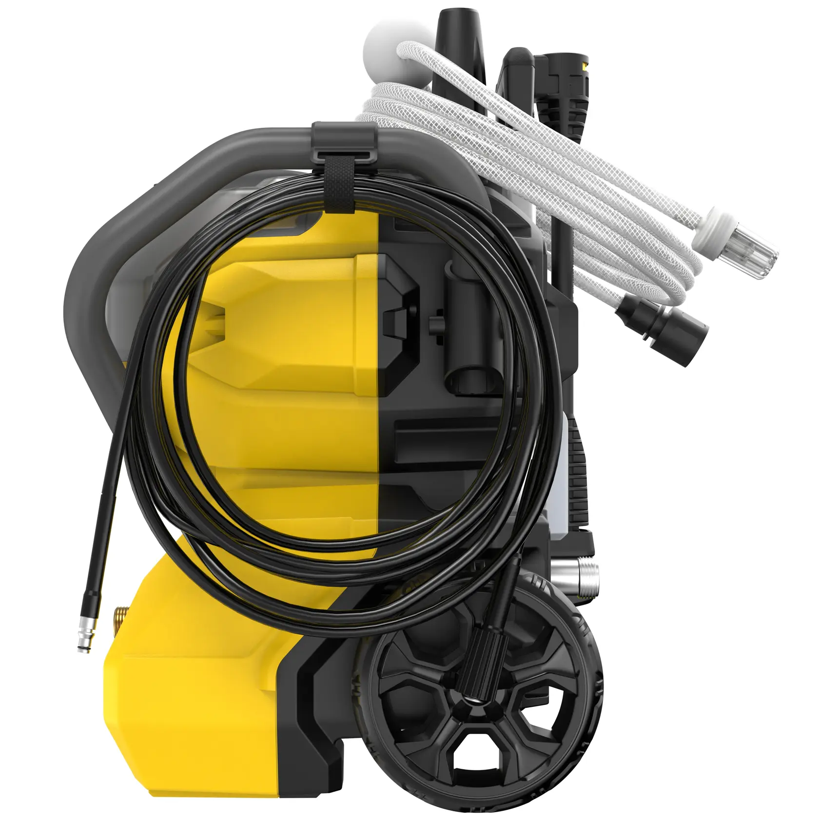 STANLEY SFMCPW1500B idropulitrice vista laterale con scocca gialla, tubo nero, grandi ruote e tubo accessorio bianco.
