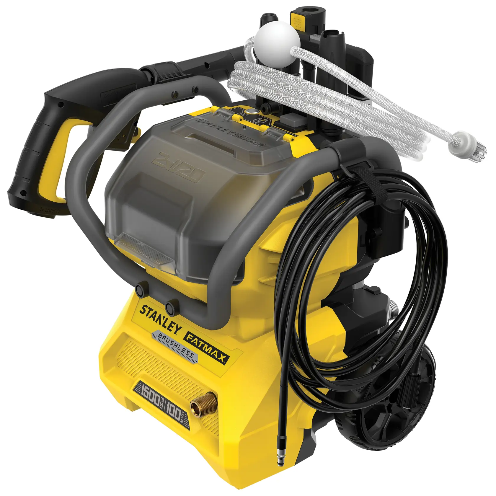 Idropulitrice STANLEY SFMCPW1500B gialla e nera, vista laterale, con tubo, pistola e ruote.