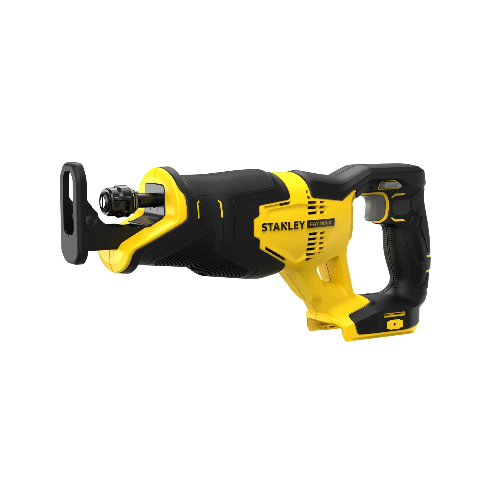 Foto del seghetto alternativo STANLEY SFMCS300B in giallo e nero, angolo laterale destro, utensile a batteria.