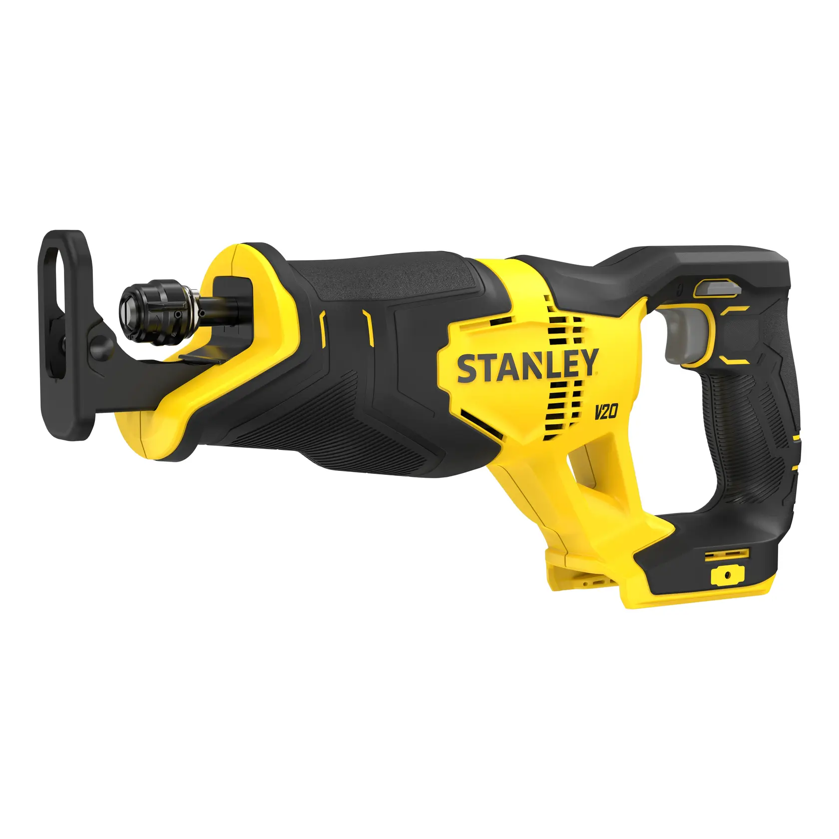 Fotografia del seghetto alternativo STANLEY SFMCS300B, giallo e nero, vista laterale, utensile senza fili.