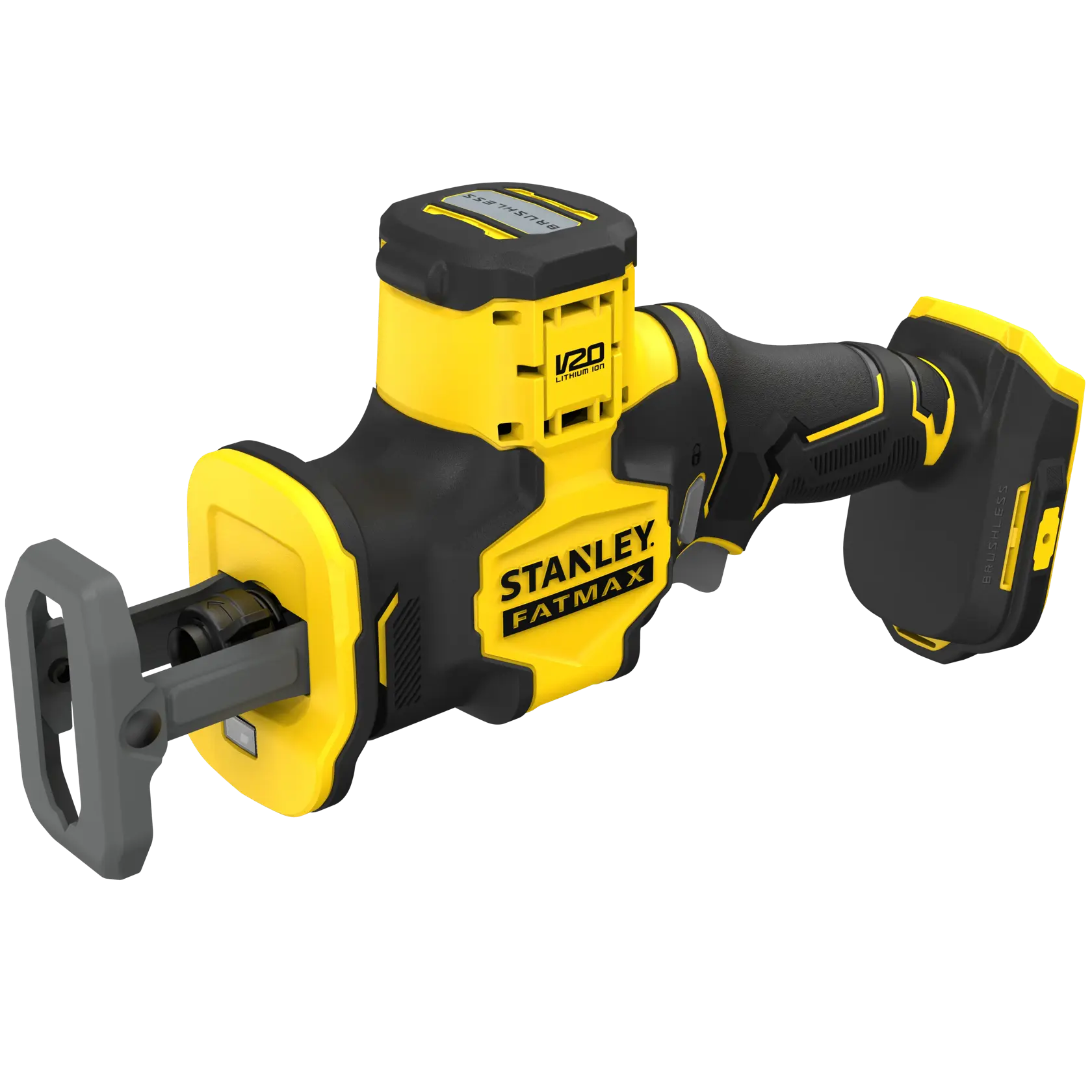 STANLEY SFMCS305B V20 Fatmax sega reciproca cordless, gialla e nera, angolo frontale, su sfondo bianco.