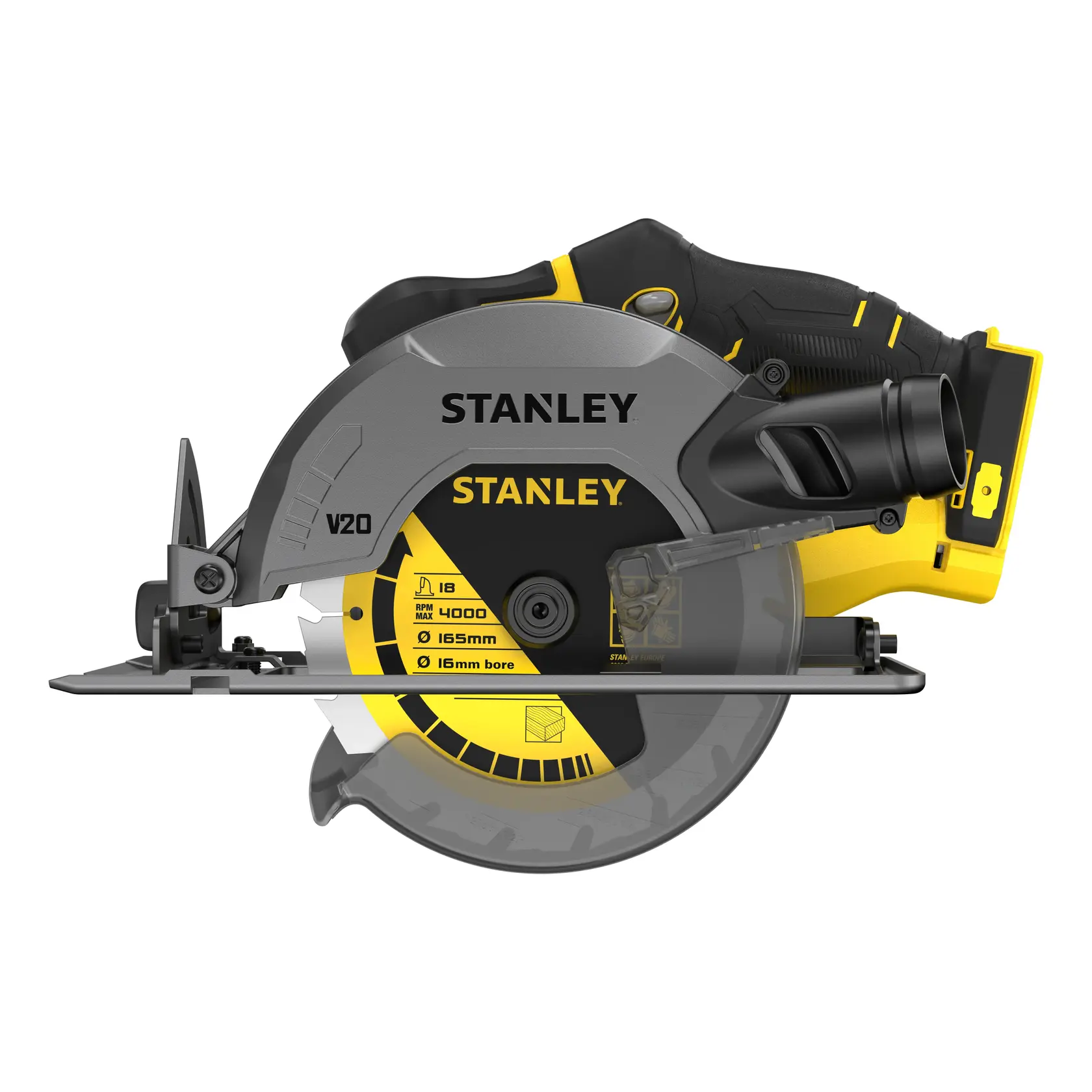 Foto della sega circolare STANLEY SFMCS500B, vista laterale, nera e gialla, lama esposta e manico ergonomico.