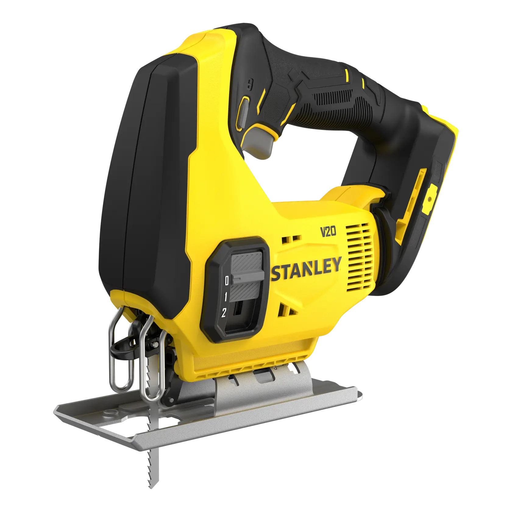 Seghetto alternativo a batteria STANLEY SFMCS600B, giallo e nero, vista laterale su sfondo bianco.