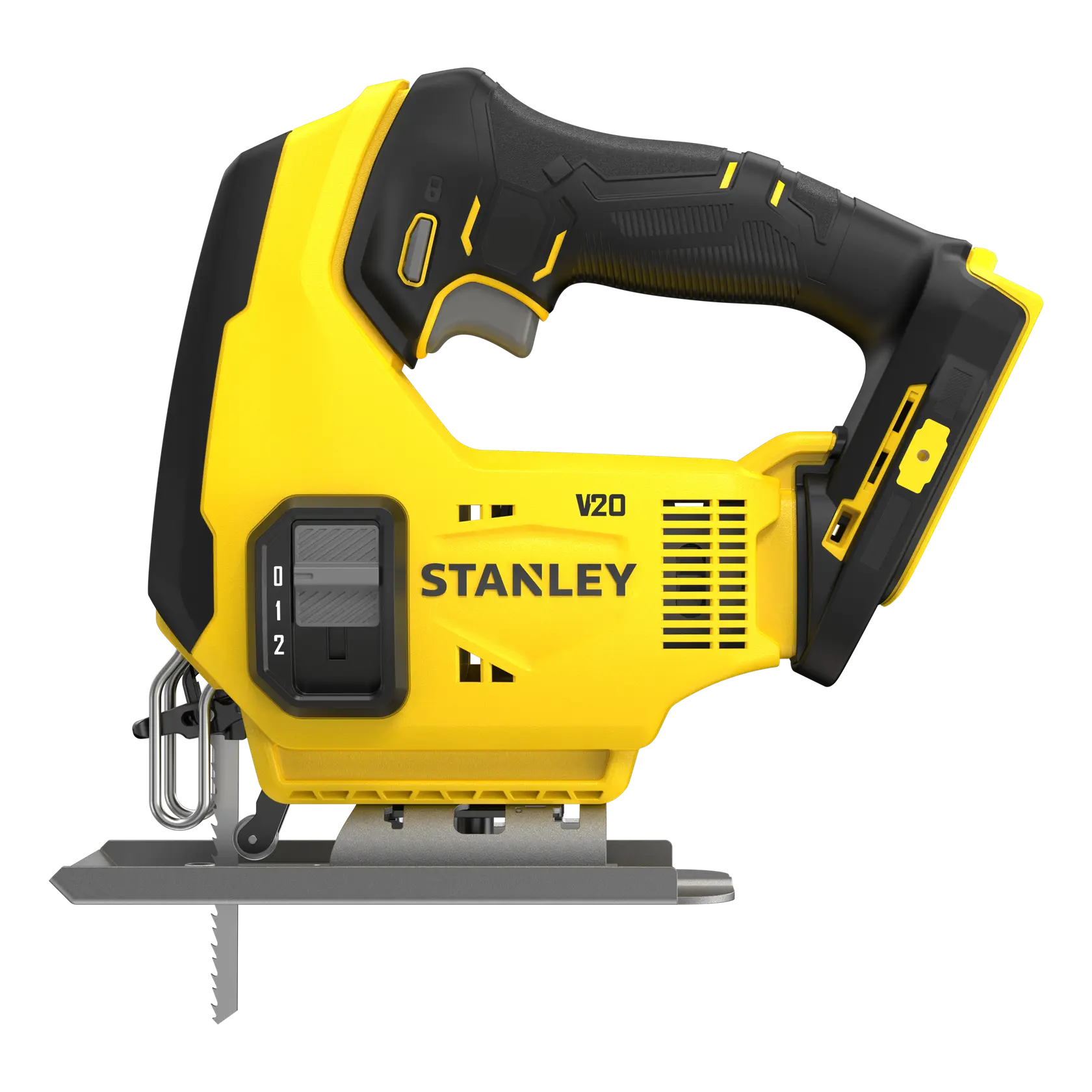 Foto del seghetto alternativo a batteria STANLEY SFMCS600B, giallo e nero, vista laterale su sfondo bianco.