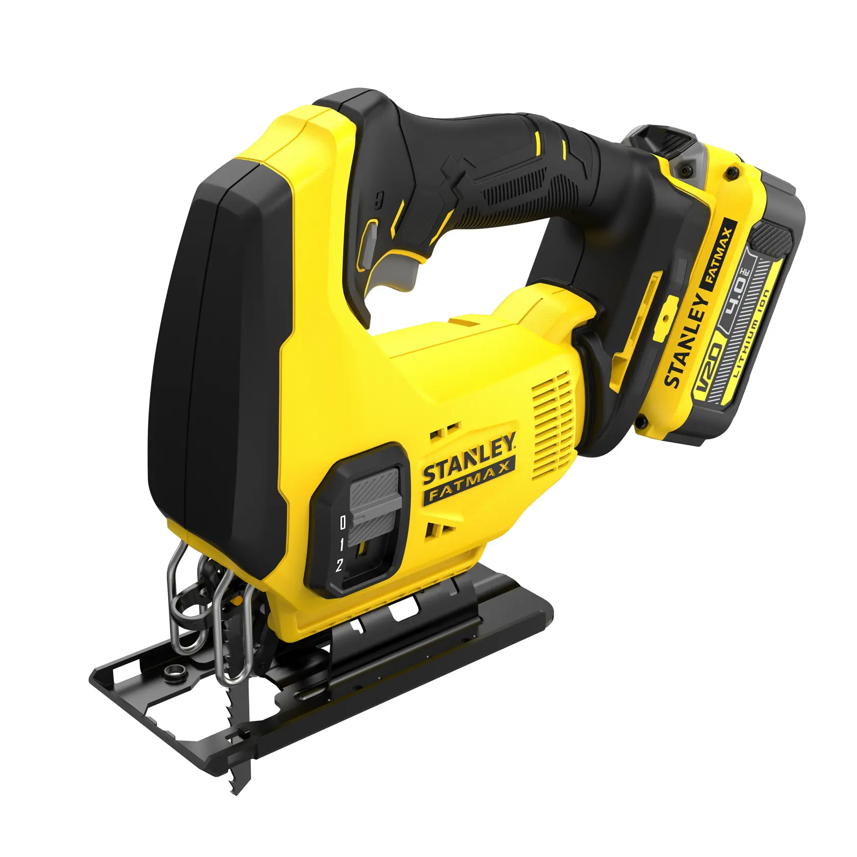 Seghetto alternativo a batteria STANLEY SFMCS600M2K, giallo e nero, vista laterale su sfondo bianco.