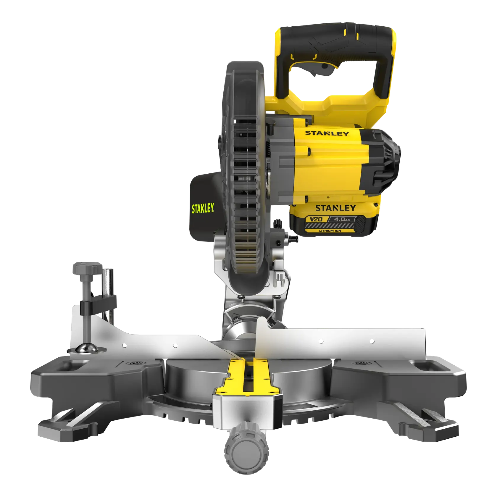STANLEY SFMCS701M1 troncatrice, gialla e nera, vista frontale, su sfondo bianco.