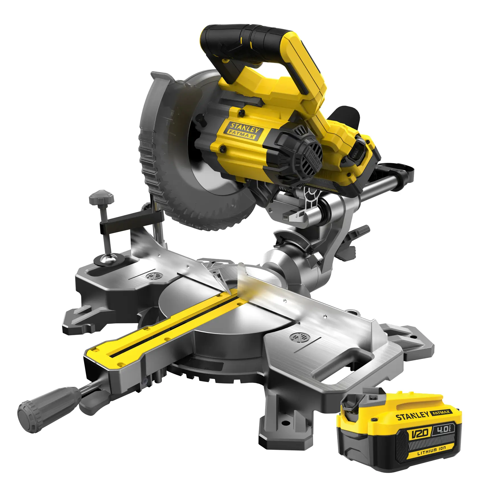 Foto della troncatrice a batteria STANLEY SFMCS701M1 gialla e nera, vista laterale, batteria visibile.
