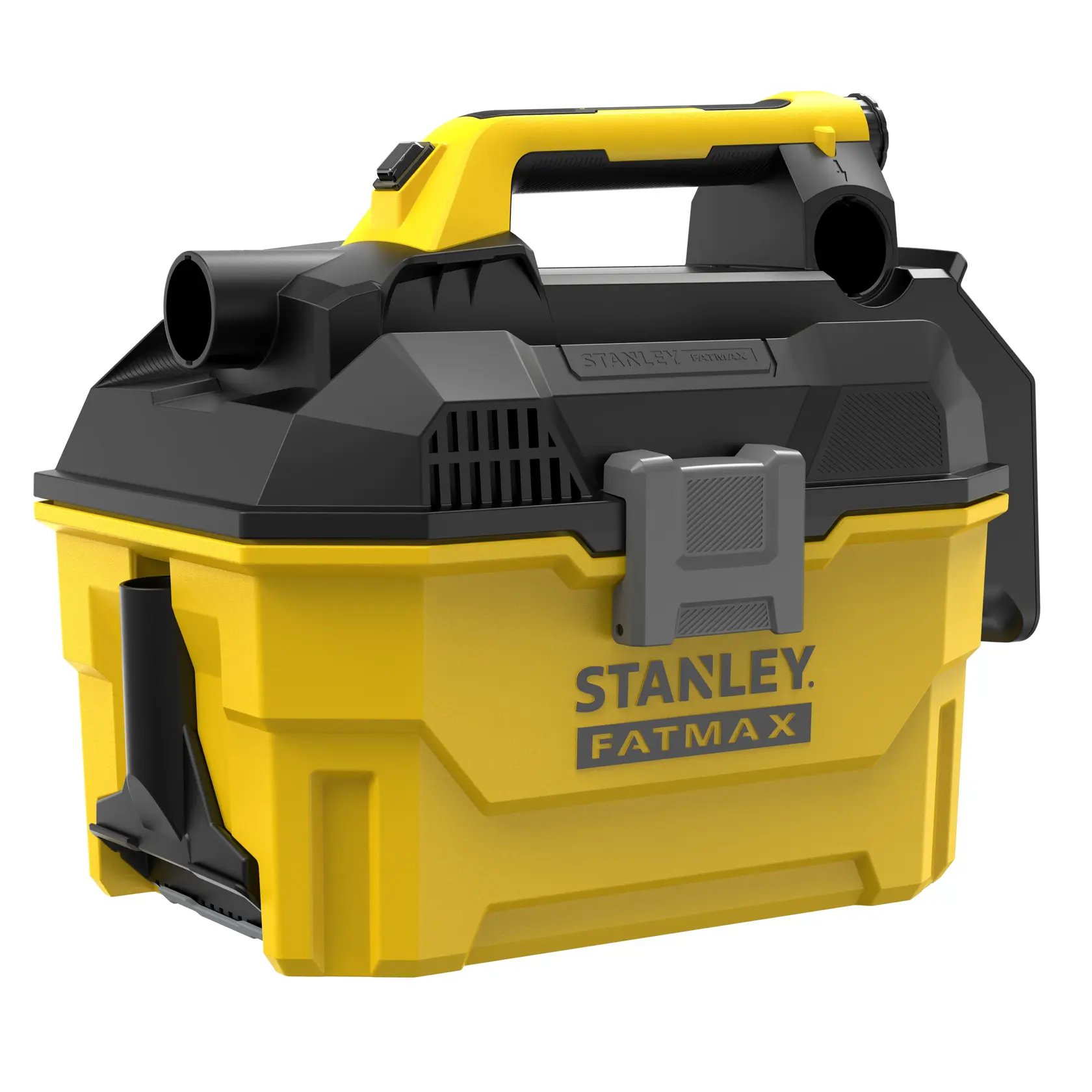 Fotografia dell’aspirapolvere portatile solidi-liquidi STANLEY SFMCV002B giallo e nero, in angolo su sfondo bianco.