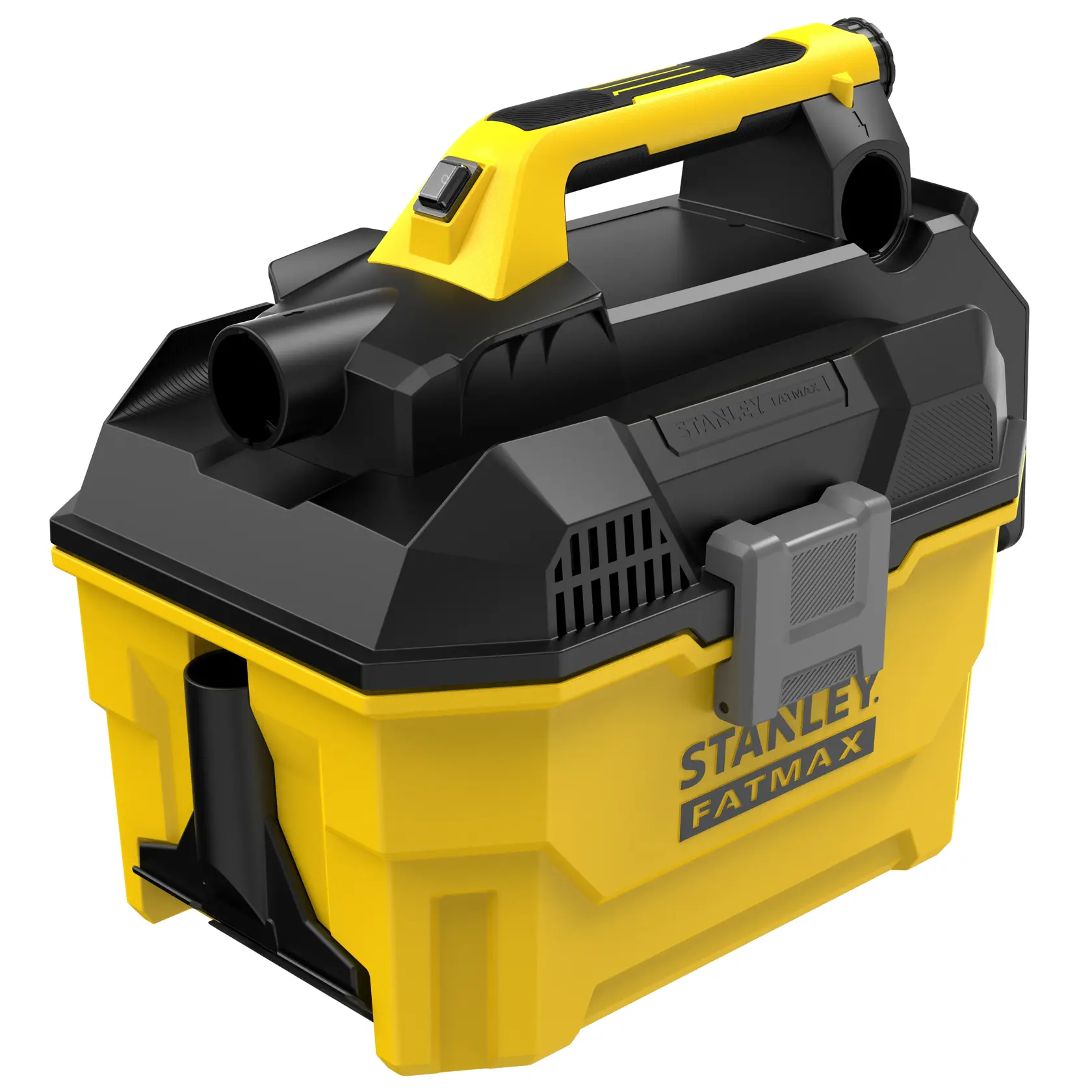 Aspirapolvere solidi-liquidi STANLEY SFMCV002B, giallo e nero, vista a tre quarti su sfondo bianco.