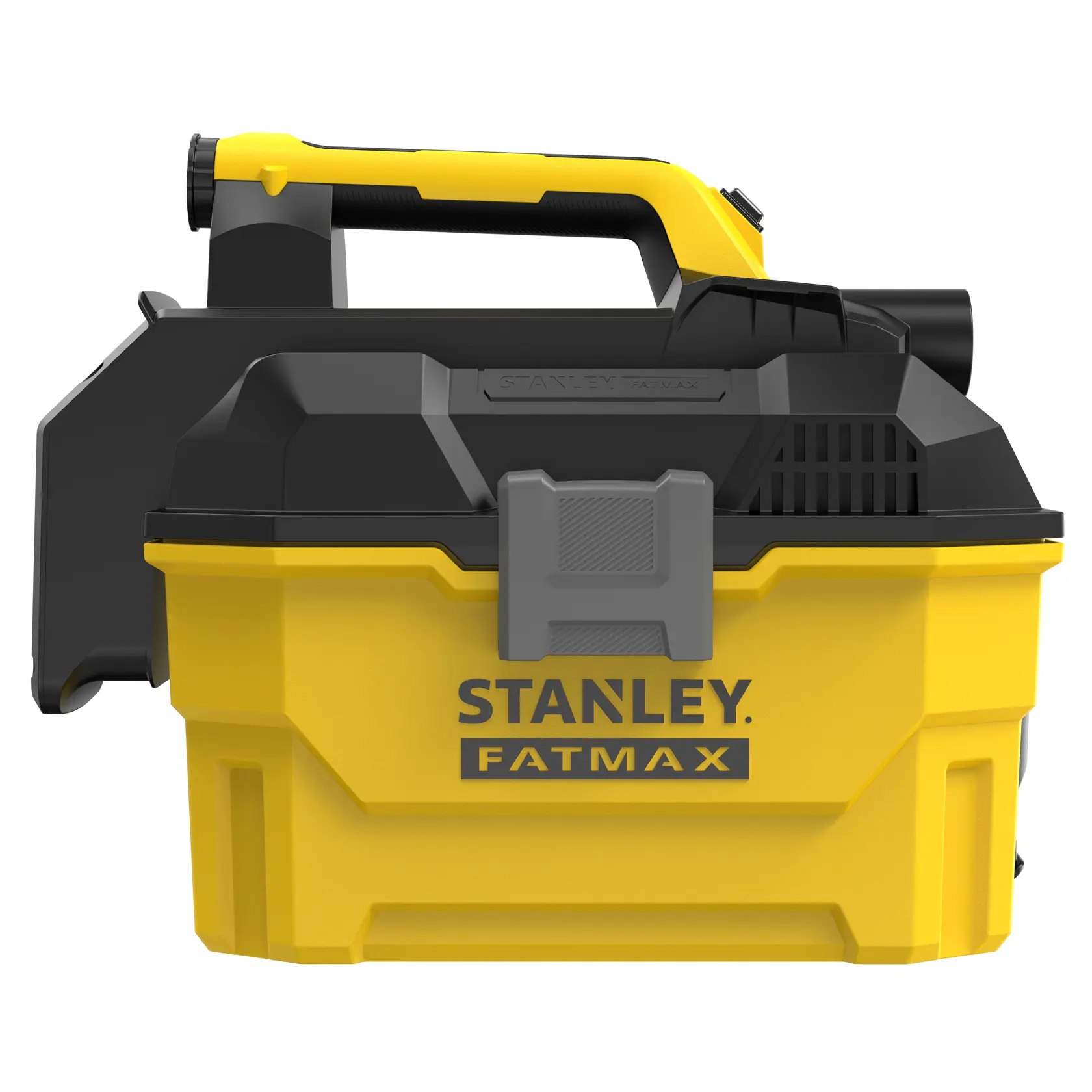 Aspiratore solidi liquidi STANLEY SFMCV002B vista laterale, giallo e nero, manico grande, design compatto, sfondo bianco.