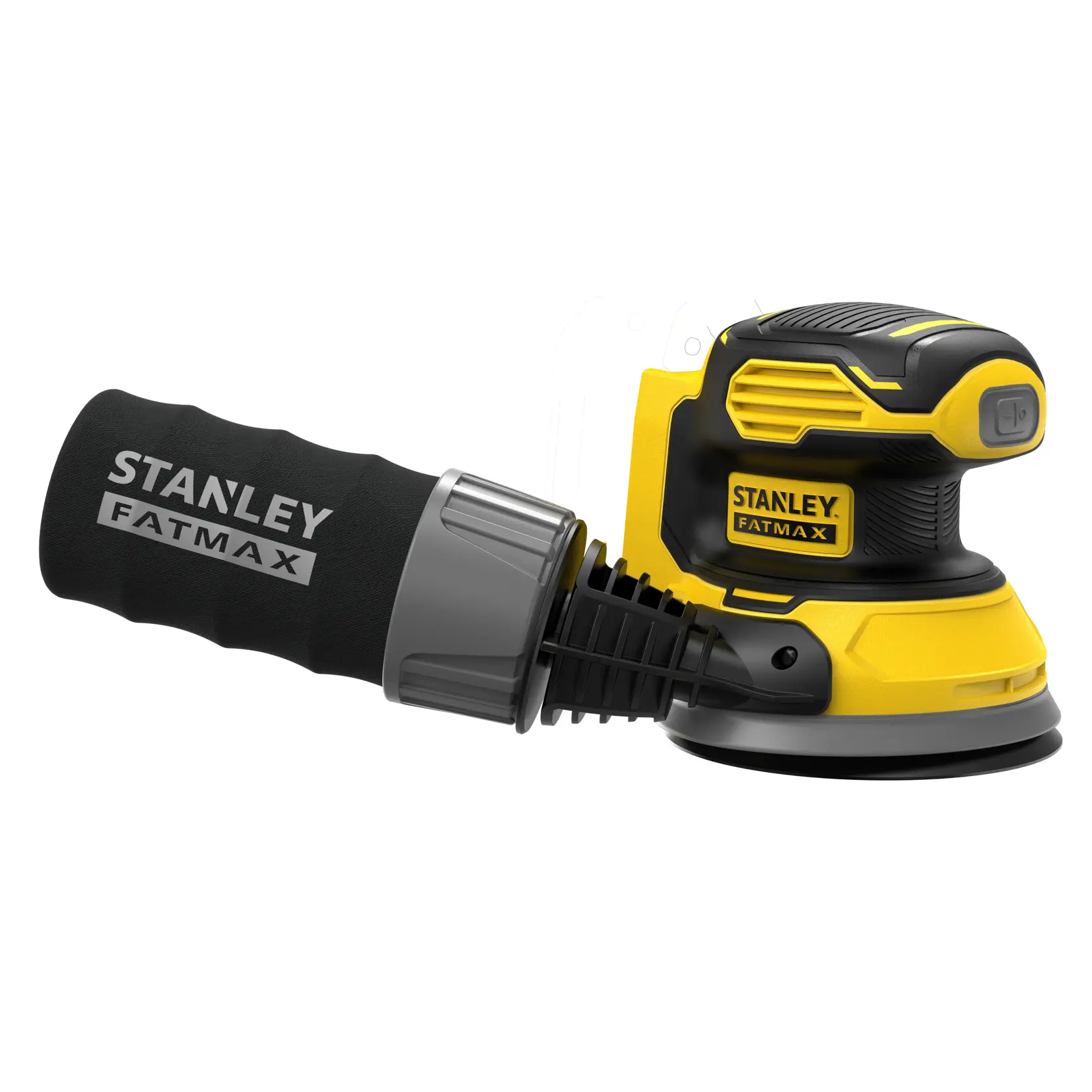 Levigatrice orbitale senza fili STANLEY SFMCW220B, gialla e nera, vista laterale su sfondo bianco.