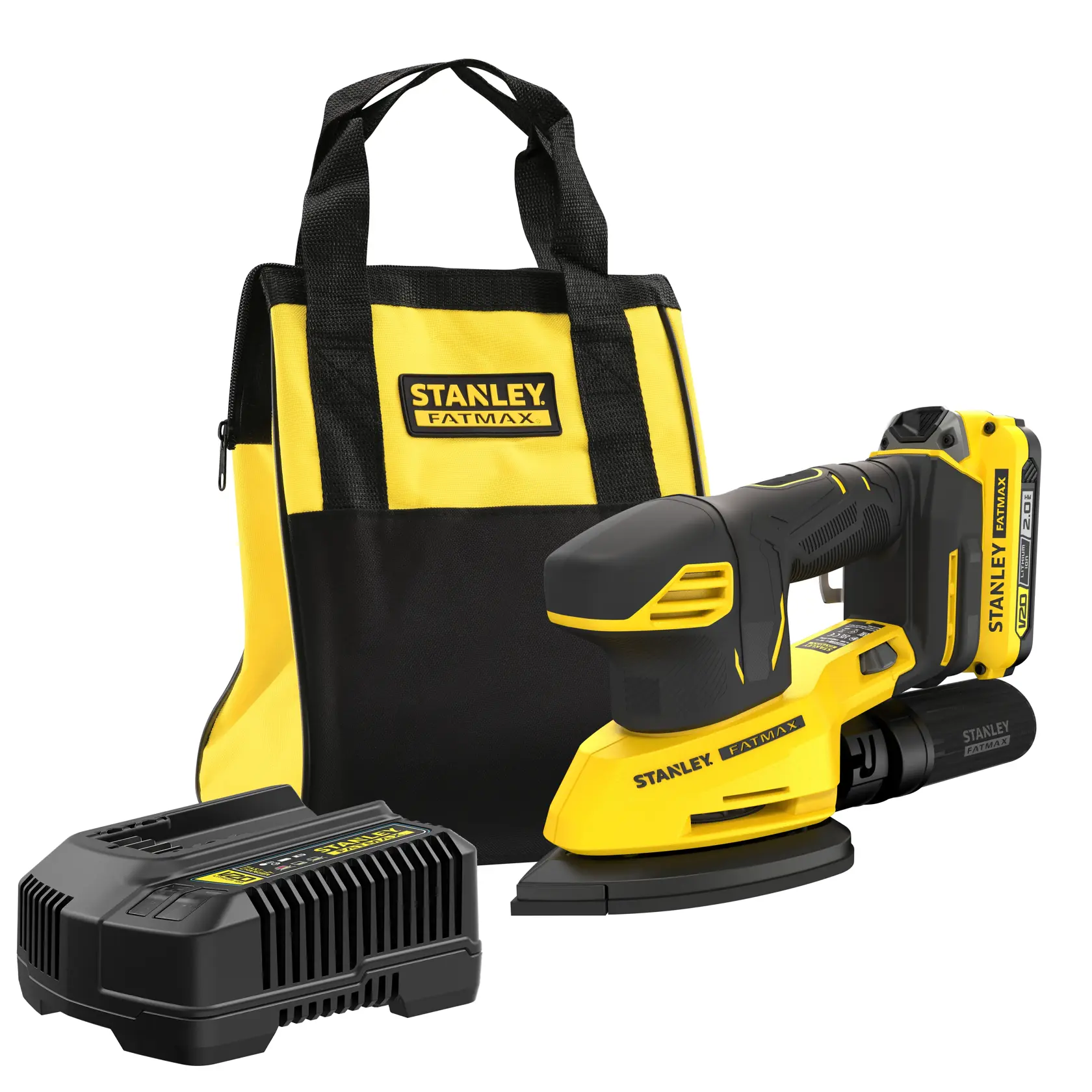 Kit levigatrice a batteria STANLEY SFMCW221D1S con borsa gialla-nera e caricatore, vista frontale.
