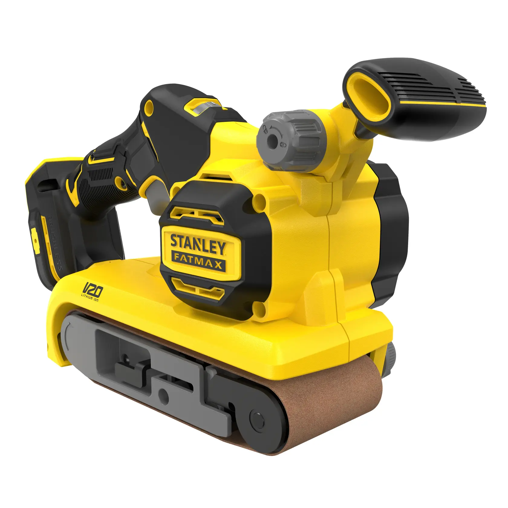 STANLEY SFMCW223B-XJ levigatrice a nastro V20 senza fili, gialla e nera, vista angolata su sfondo bianco.