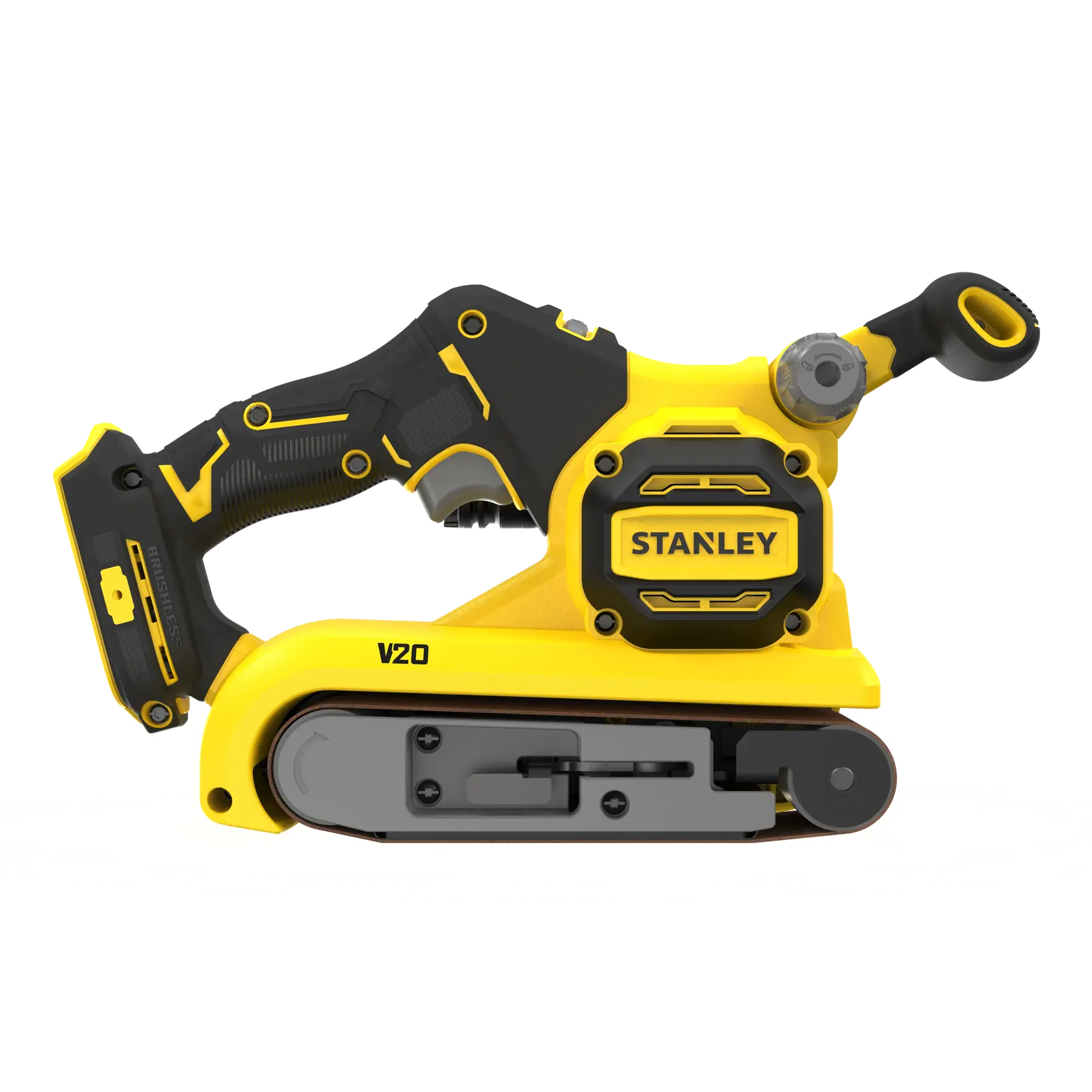 STANLEY SFMCW223B levigatrice a nastro senza filo, gialla e nera, vista laterale su sfondo bianco.