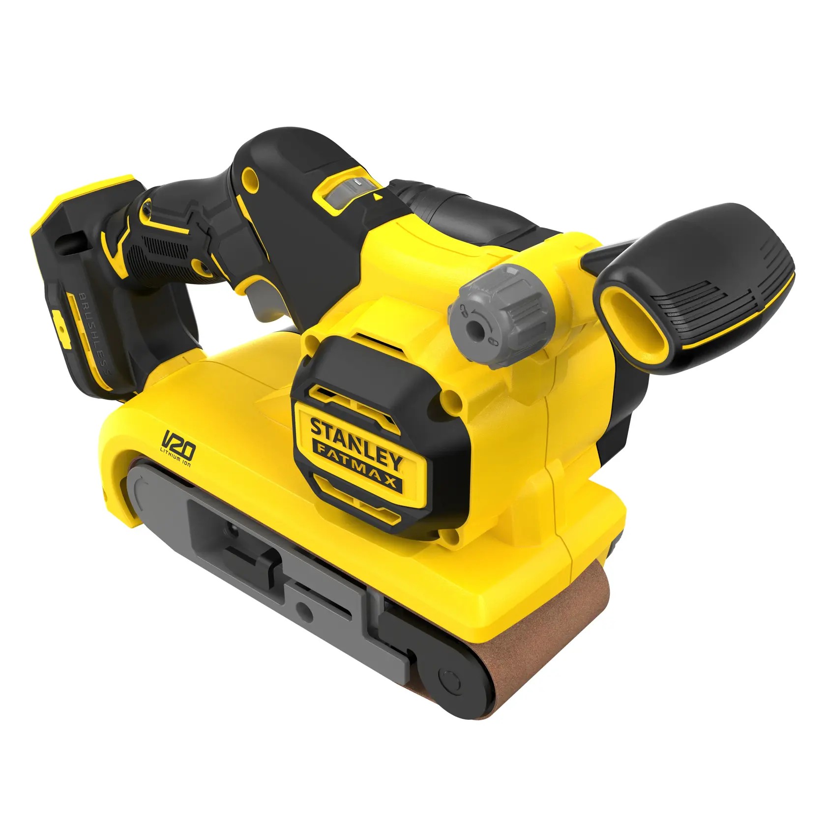 Levigatrice a nastro senza fili STANLEY SFMCW223B-XJ, gialla e nera, vista frontale su sfondo bianco.