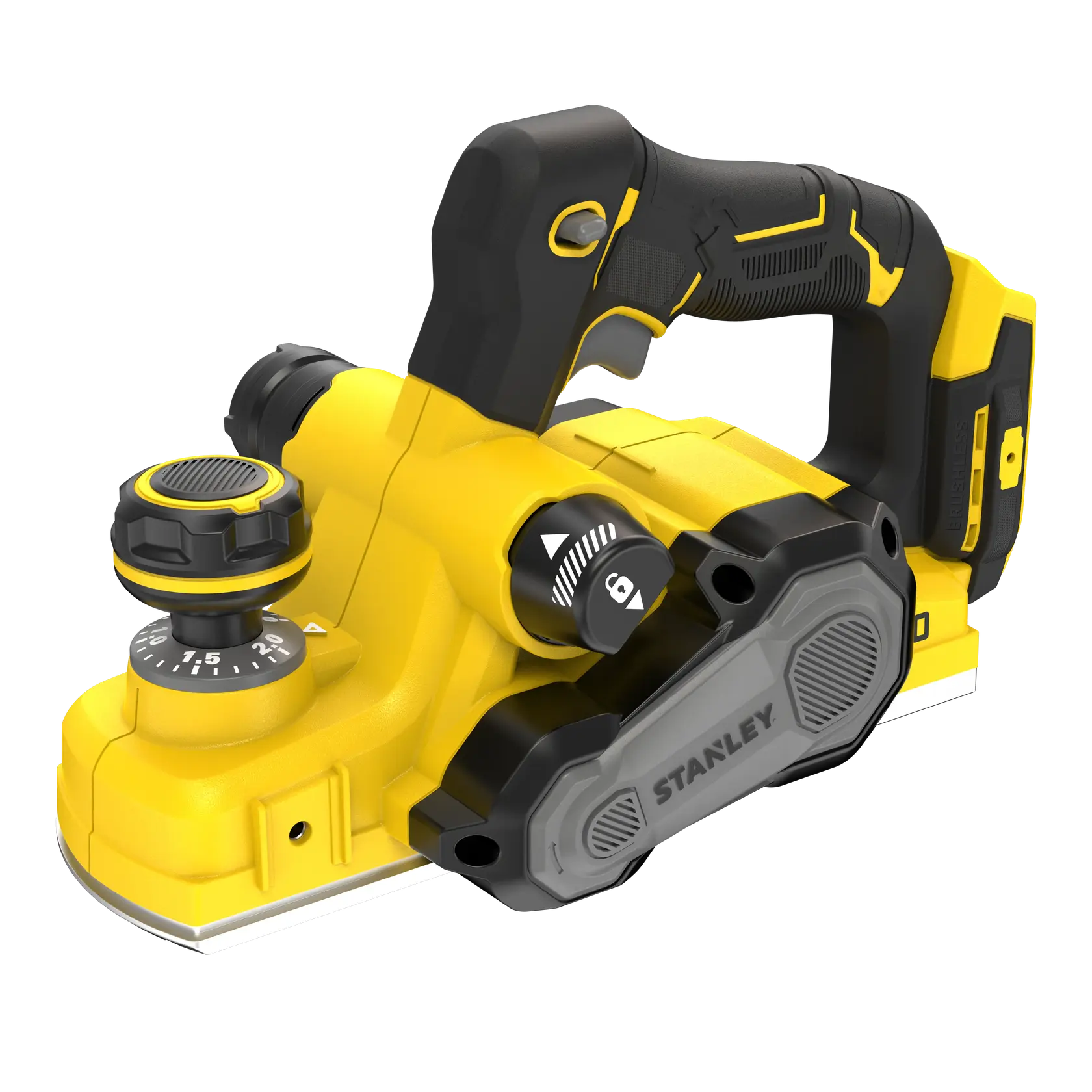 Piallatrice a batteria STANLEY SFMCW300B, gialla e nera, vista frontale su sfondo bianco.