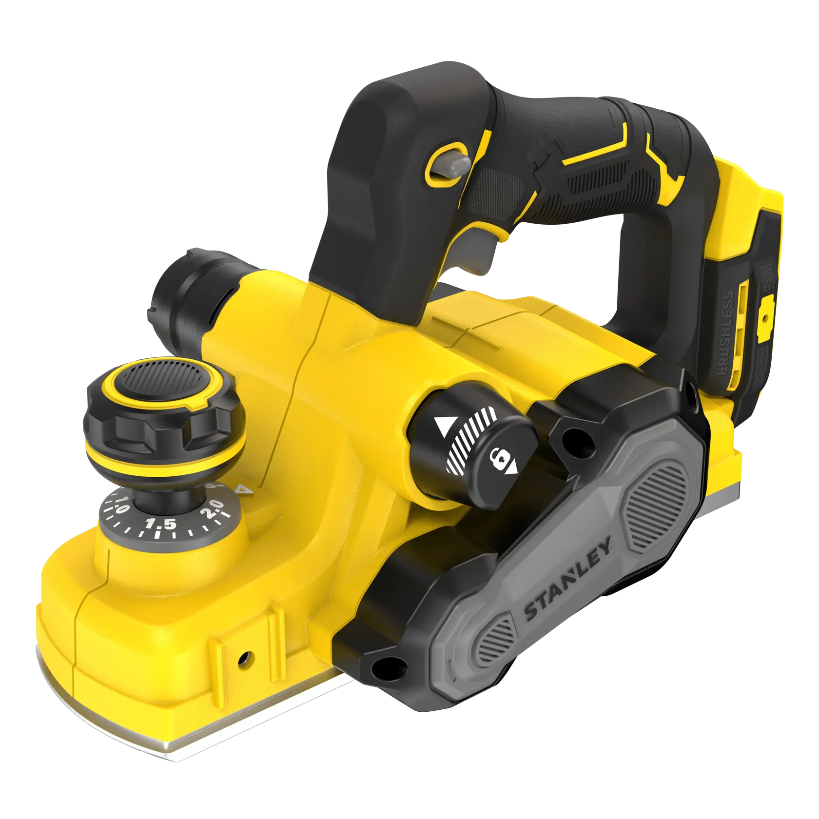 Piallatrice senza fili STANLEY SFMCW300B con motore brushless, gialla e nera, vista dall’alto angolata su sfondo bianco.