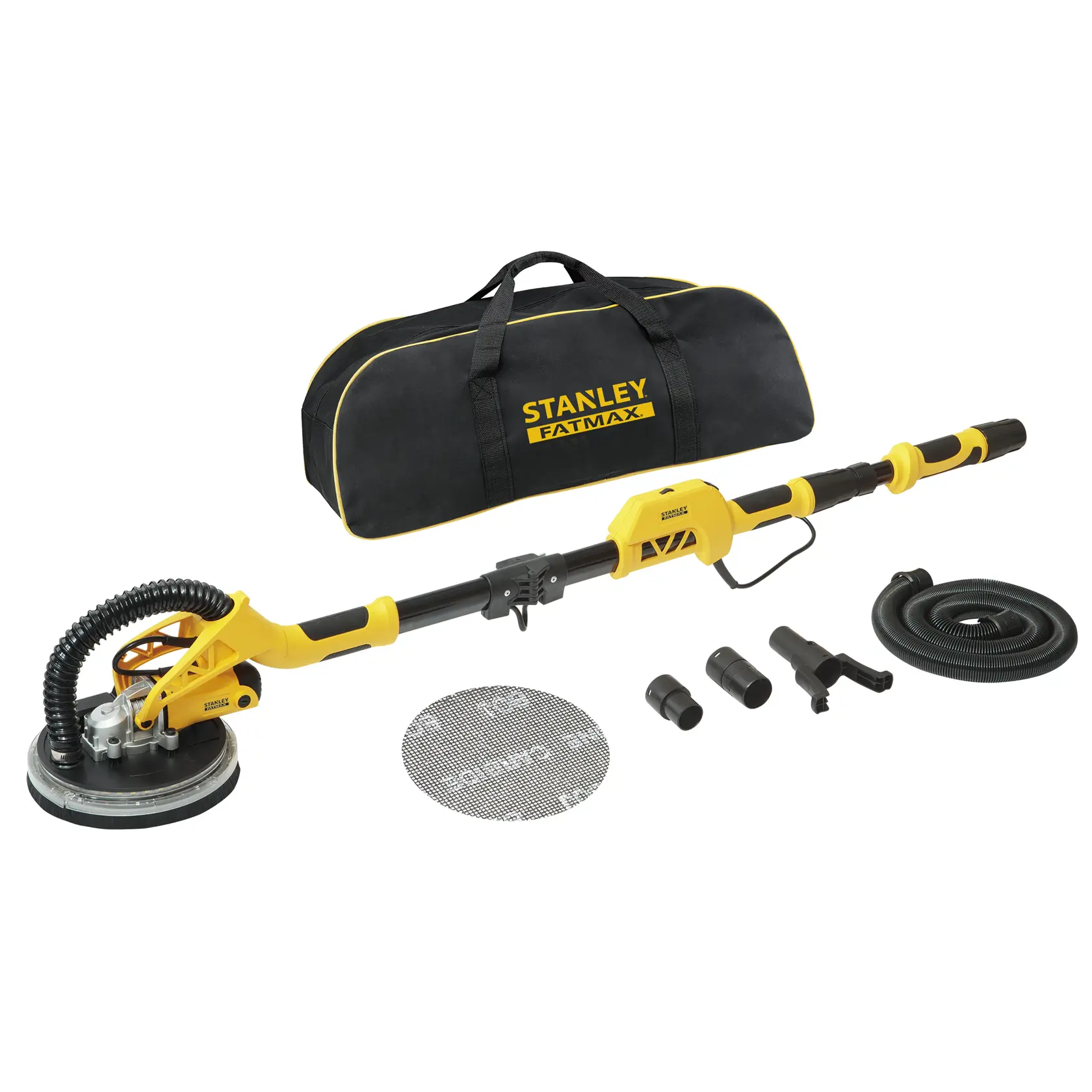 STANLEY SFMEE500S kit levigatrice per cartongesso con levigatrice gialla e nera, borsa da trasporto, tubo, dischi a rete e accessori, vista frontale.