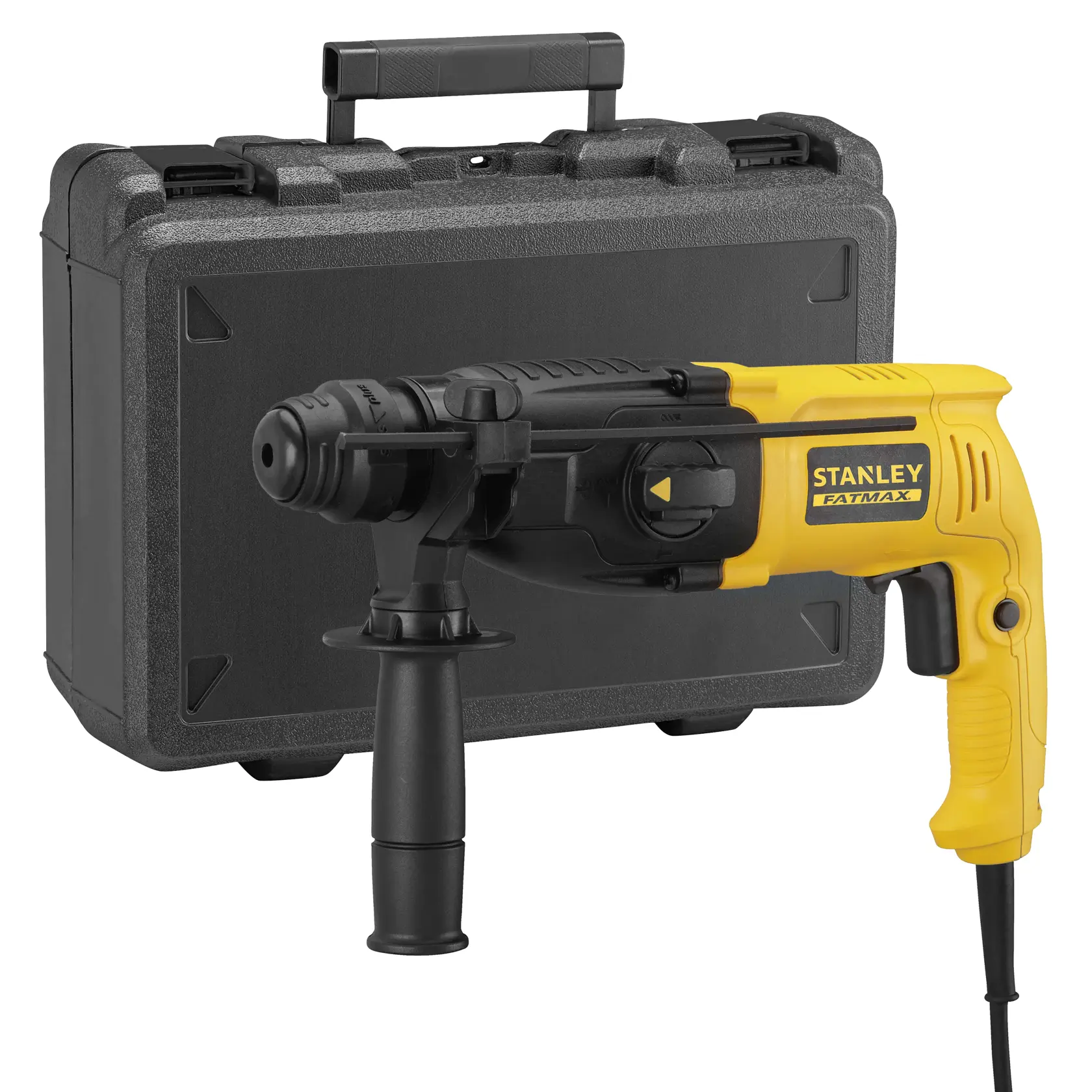 STANLEY SFMEH200K martello perforatore giallo e nero con manico laterale e valigetta rigida, vista frontale.