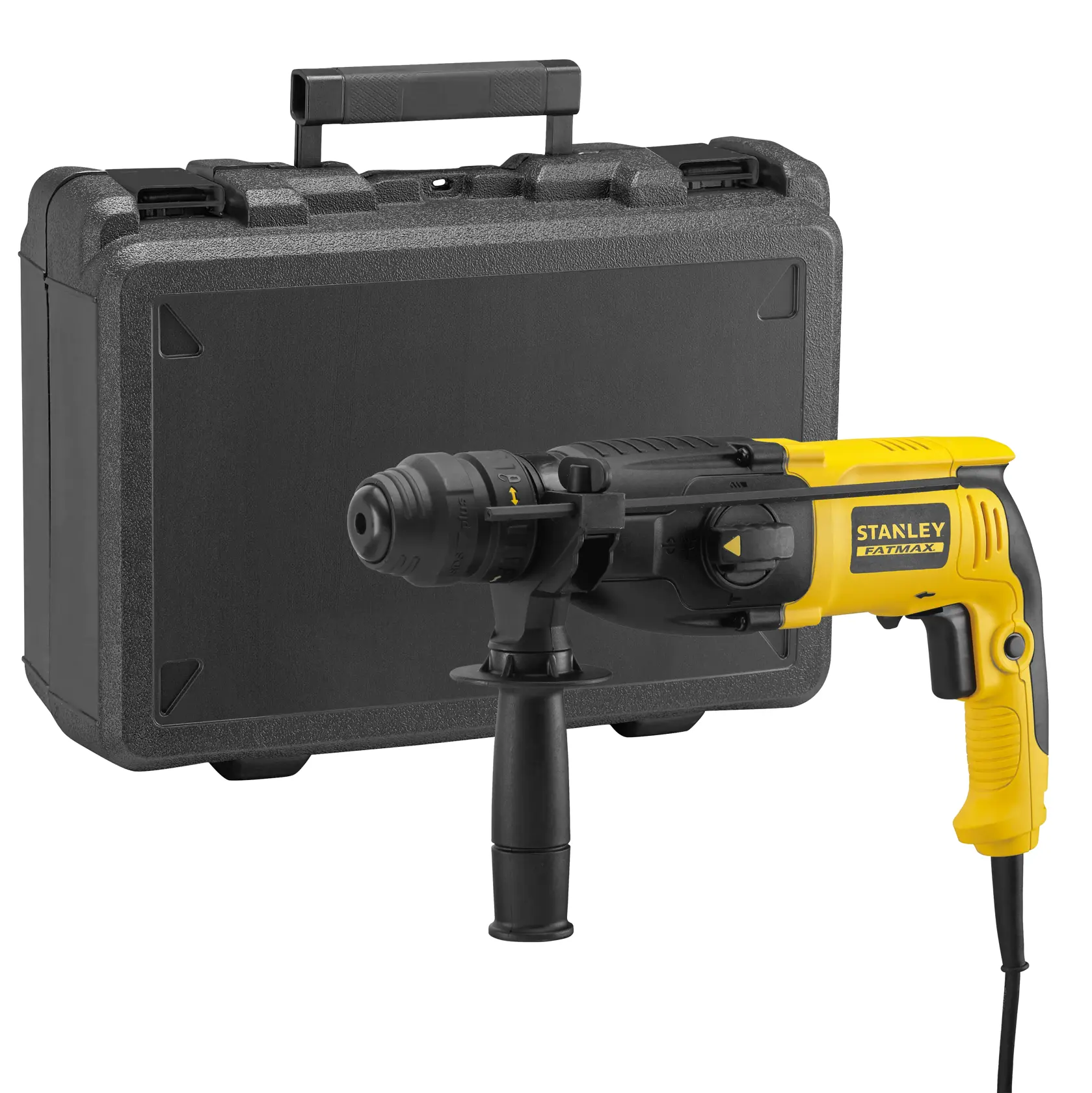 Martello perforatore STANLEY SFMEH210K-QS, giallo e nero, con maniglia laterale, fotografia su sfondo bianco.