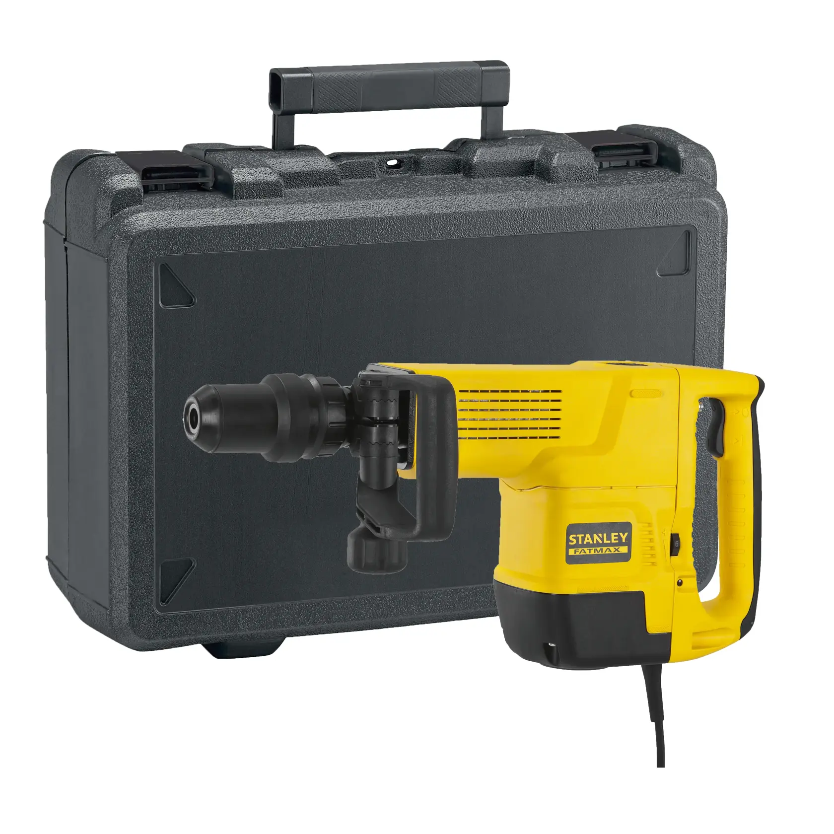 STANLEY SFMEH230K martello demolitore giallo-nero con valigetta in plastica, angolo frontale.