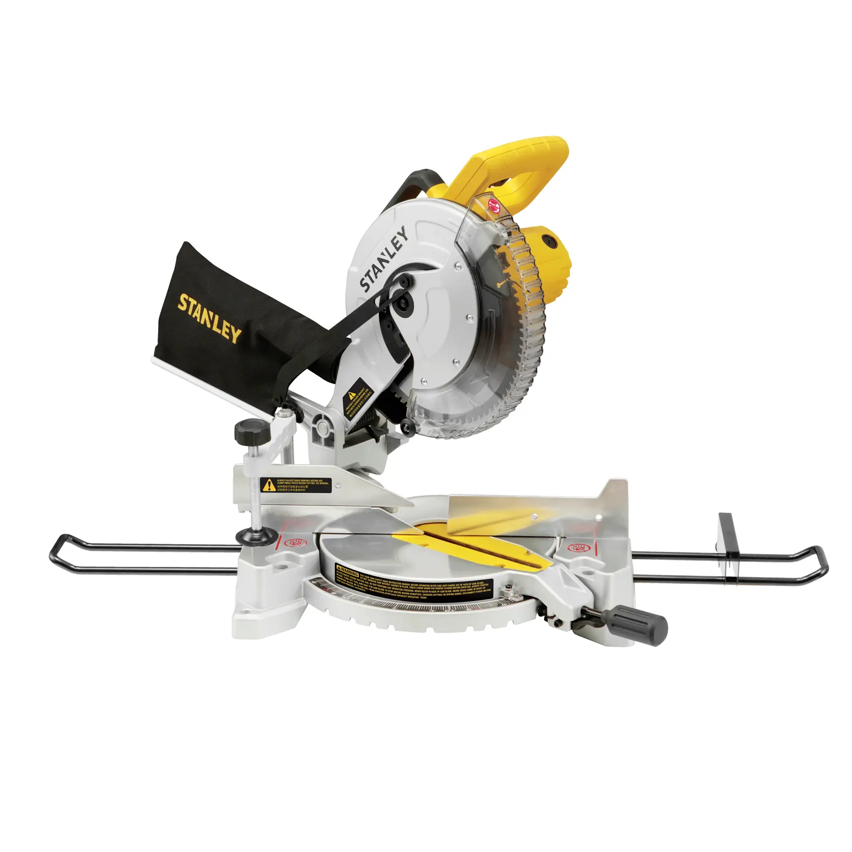 STANLEY SM1650 fotografia di troncatrice con dettagli gialli e neri, angolo laterale su sfondo bianco.