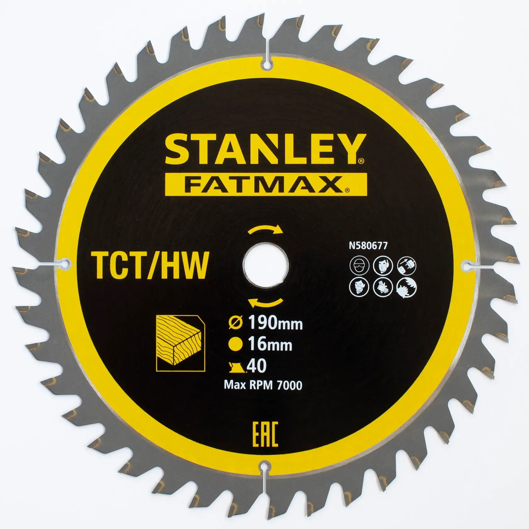 Foto della lama circolare STANLEY FATMAX STA13365, diametro 190mm, 40 denti, nero e giallo, vista frontale.