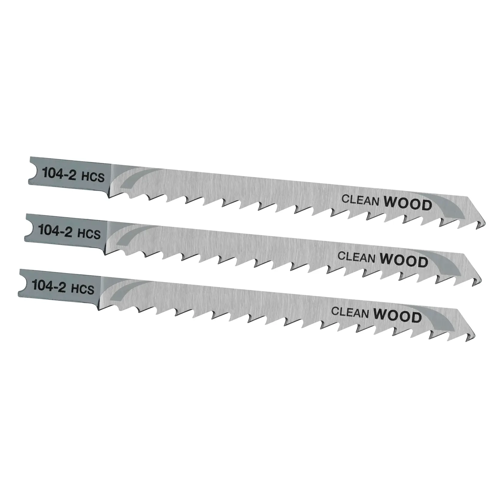 STANLEY STA21023 lame seghetto alternativo per tagli puliti su legno, set di tre, vista laterale su sfondo bianco.